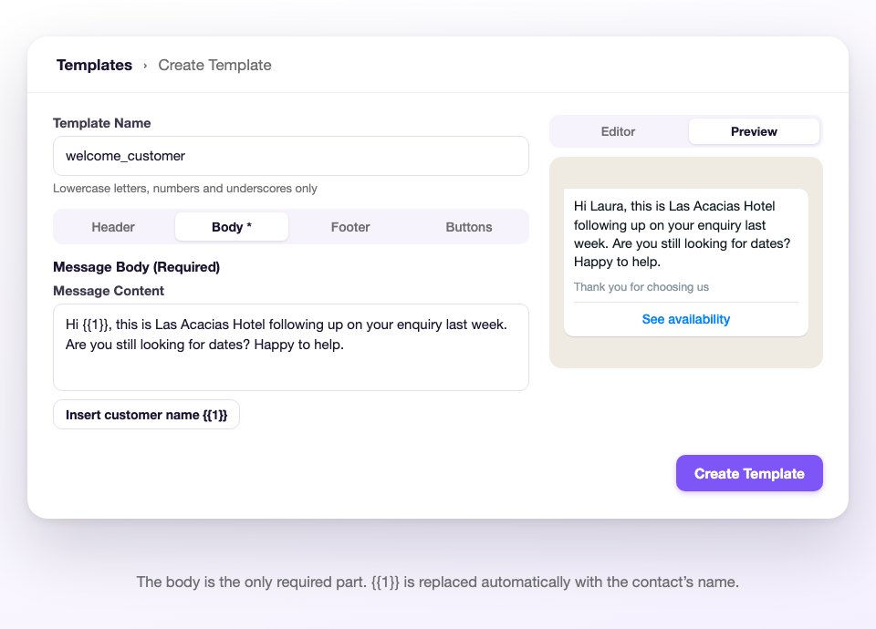 The template builder: the name, the Header, Body, Footer and Buttons tabs, the message body with the name variable, and the preview of how the guest receives it