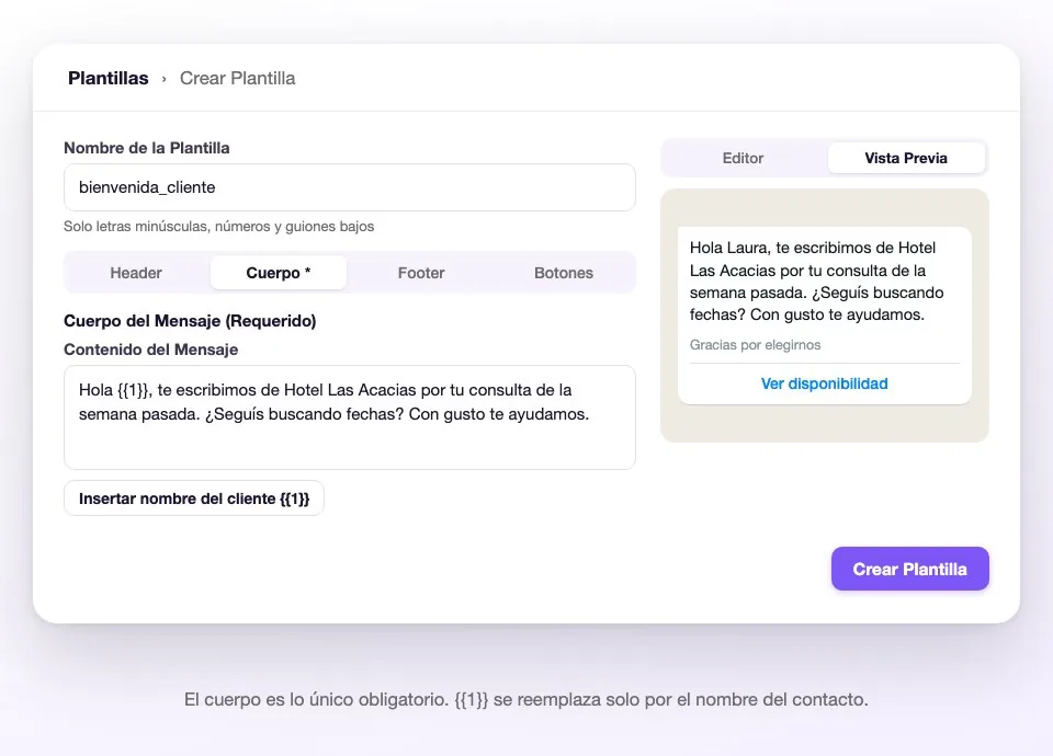 El creador de plantillas: el nombre, las pestañas Header, Cuerpo, Footer y Botones, el cuerpo del mensaje con la variable del nombre, y la vista previa de cómo lo recibe el huésped