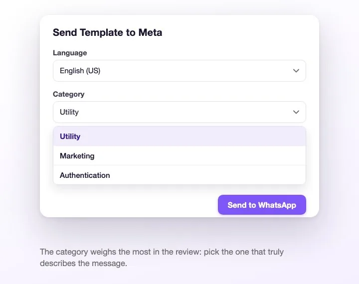 The Send Template to Meta dialog, with the language and the three categories: Utility, Marketing and Authentication