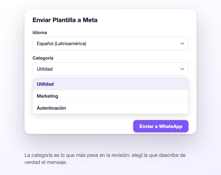 El cuadro Enviar Plantilla a Meta, con el idioma y las tres categorías: Utilidad, Marketing y Autenticación
