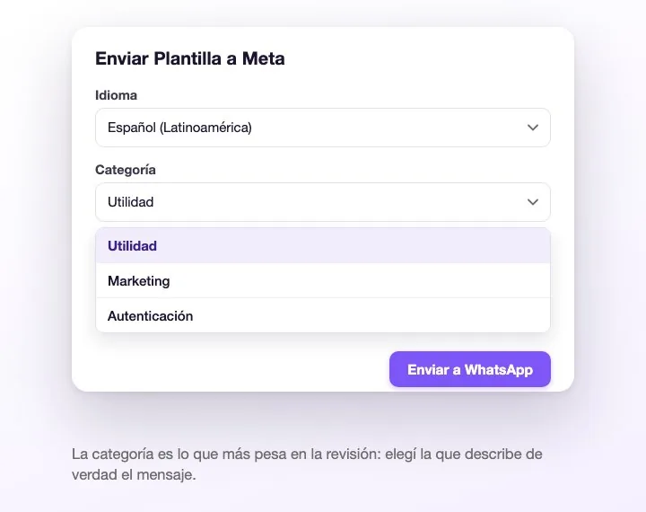 El cuadro Enviar Plantilla a Meta, con el idioma y las tres categorías: Utilidad, Marketing y Autenticación