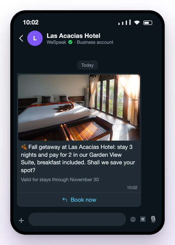 The guest's WhatsApp showing a template from the hotel: the room photo on top, the offer text, the footer and the Book now button