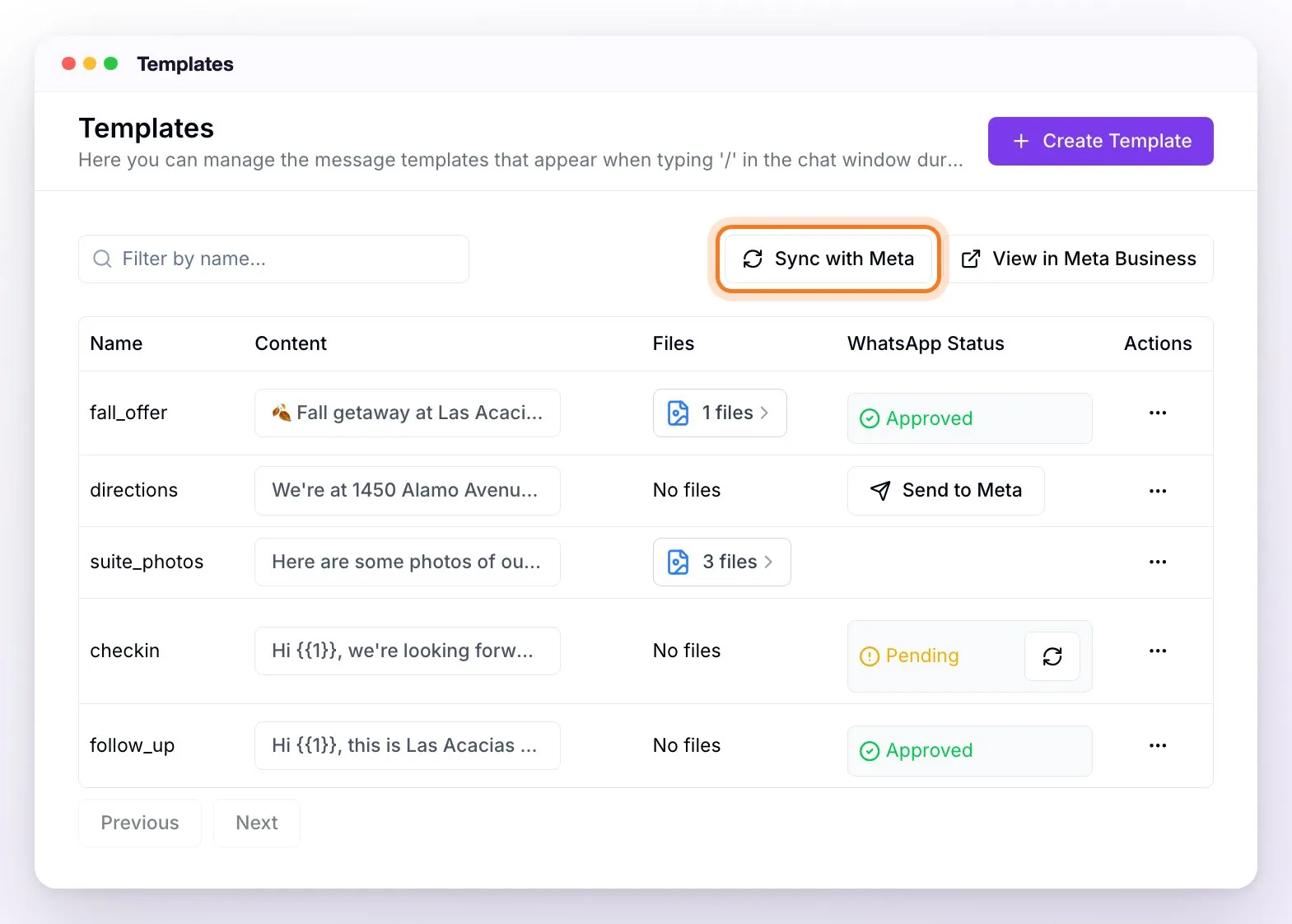 The Templates section with the Sync with Meta button highlighted and, first in the list, the fall_offer template with one file and the Approved status