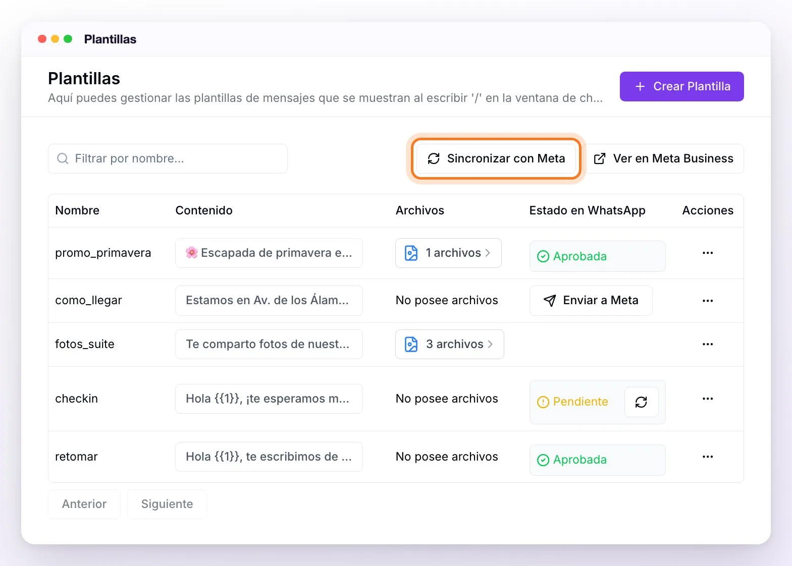 La sección Plantillas con el botón Sincronizar con Meta resaltado y, primera en la lista, la plantilla promo_primavera con un archivo y el estado Aprobada