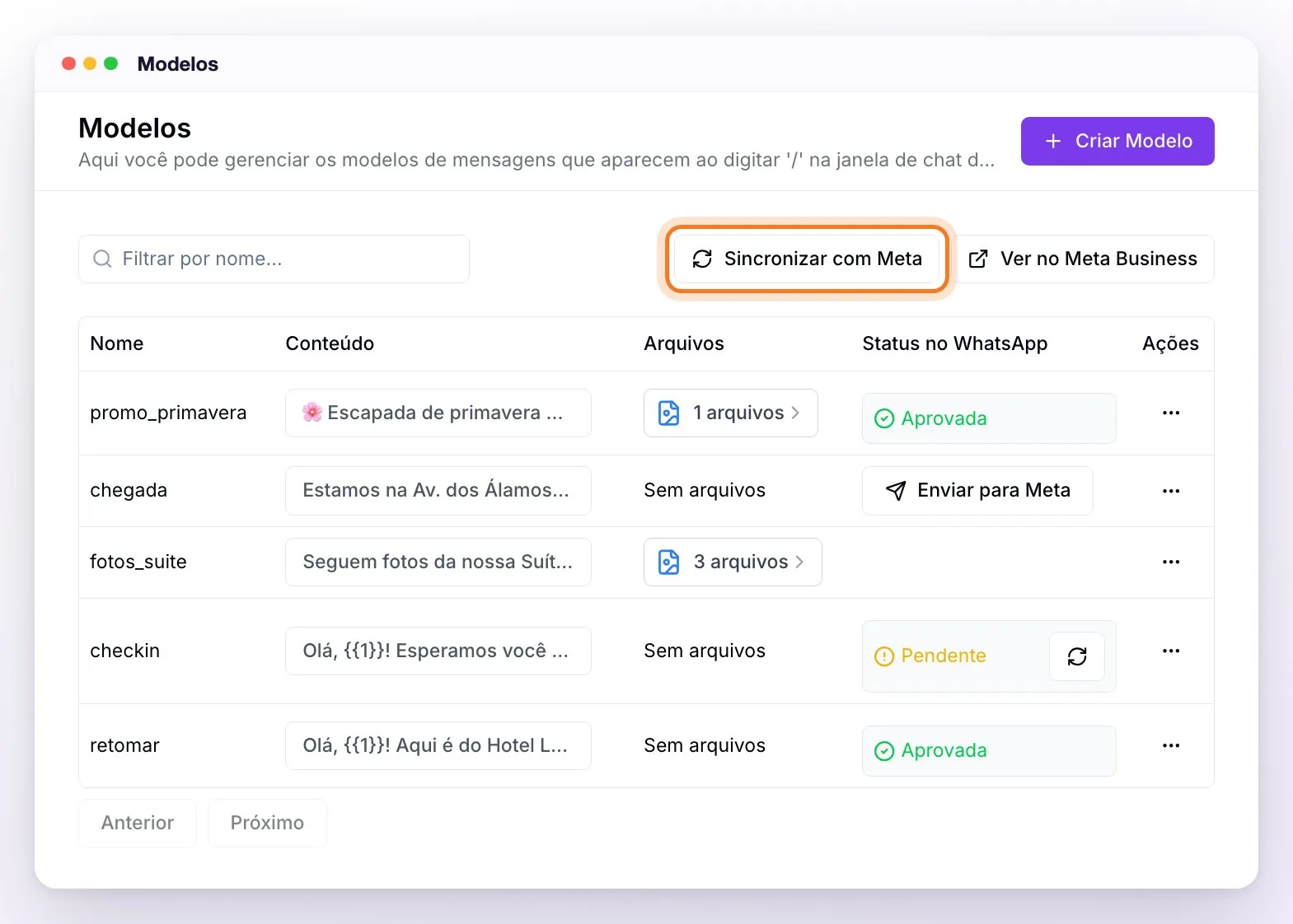 A seção Modelos com o botão Sincronizar com Meta destacado e, em primeiro na lista, o modelo promo_primavera com um arquivo e o status Aprovada