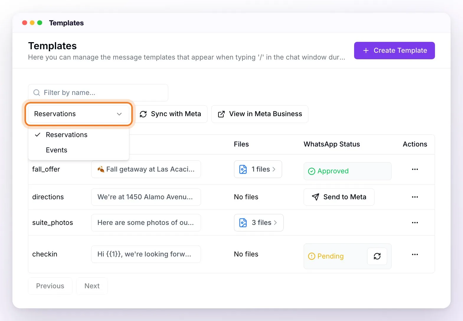 The Templates section of an account with two WhatsApp API numbers: the WhatsApp number selector open and highlighted, with the options Reservations and Events, next to the Sync with Meta and View in Meta Business buttons