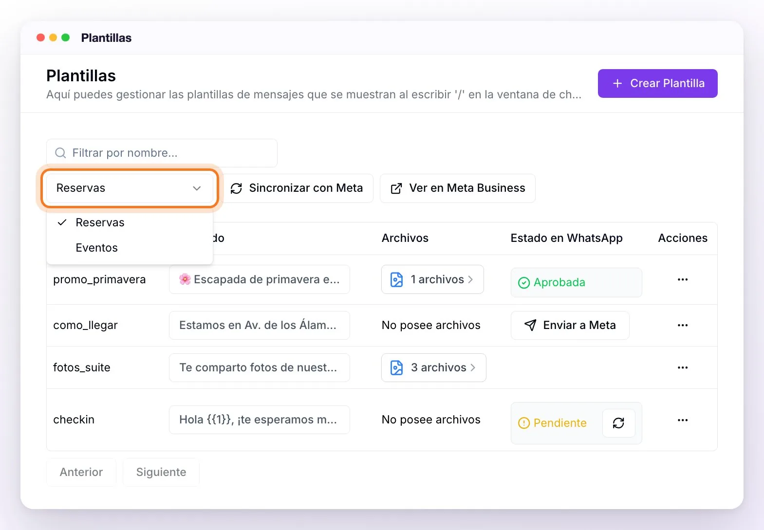 La sección Plantillas de una cuenta con dos números de WhatsApp API: el selector Número de WhatsApp abierto y resaltado, con las opciones Reservas y Eventos, junto a los botones Sincronizar con Meta y Ver en Meta Business