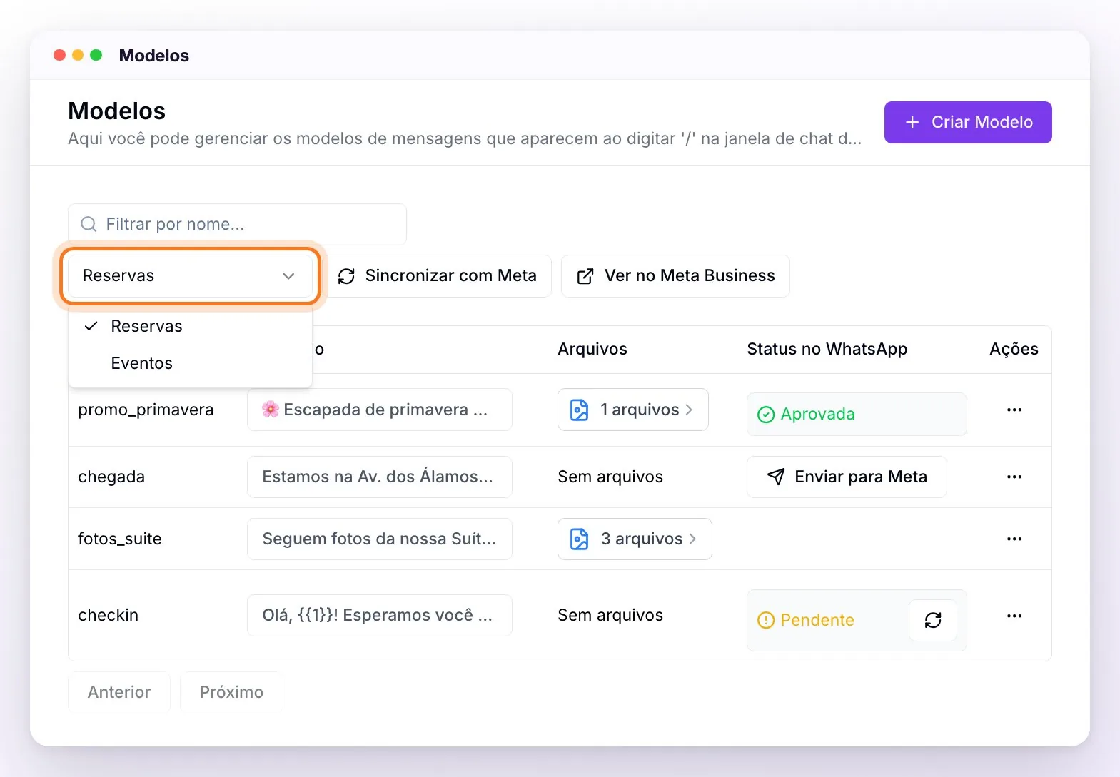 A seção Modelos de uma conta com dois números de WhatsApp API: o seletor Número do WhatsApp aberto e destacado, com as opções Reservas e Eventos, ao lado dos botões Sincronizar com Meta e Ver no Meta Business