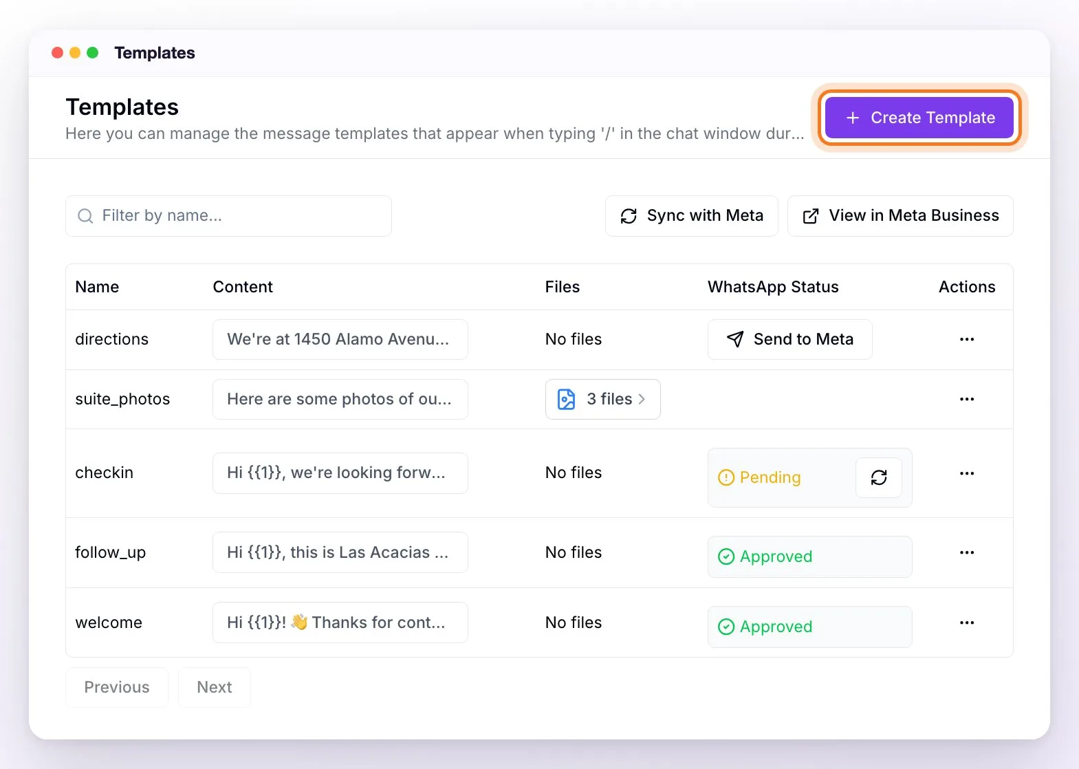 The Templates section: the Create Template button, the search box and the Sync with Meta and View in Meta Business buttons, and the list with a local template showing the Send to Meta button, one with three files, a pending one with the button to refresh its status and two approved ones