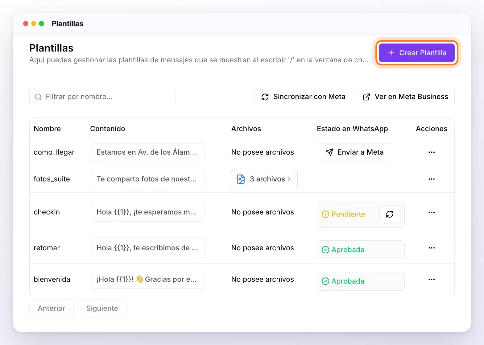 La sección Plantillas: el botón Crear Plantilla, el buscador y los botones Sincronizar con Meta y Ver en Meta Business, y la lista con una plantilla local con el botón Enviar a Meta, una con tres archivos, una pendiente con el botón para actualizar el estado y dos aprobadas