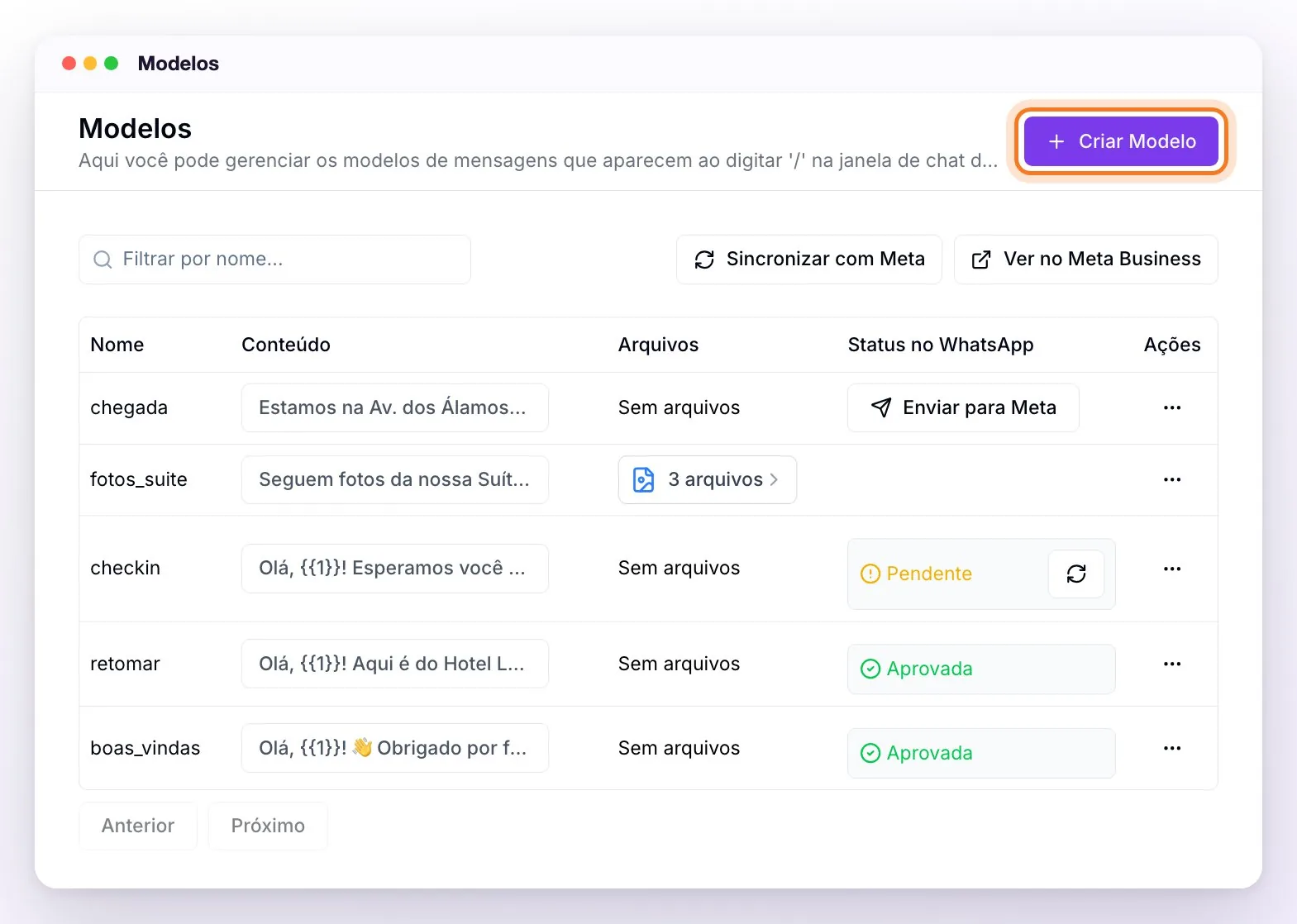 A seção Modelos: o botão Criar Modelo, a busca e os botões Sincronizar com Meta e Ver no Meta Business, e a lista com um modelo local com o botão Enviar para Meta, um com três arquivos, um pendente com o botão para atualizar o status e dois aprovados