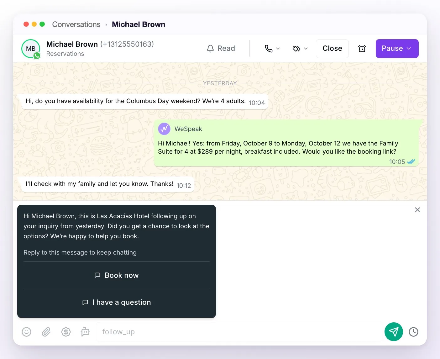The preview of an approved template above the compose box, with the guest's name instead of {{1}}, the footer, two quick reply buttons, the ✕ to discard it and the send button