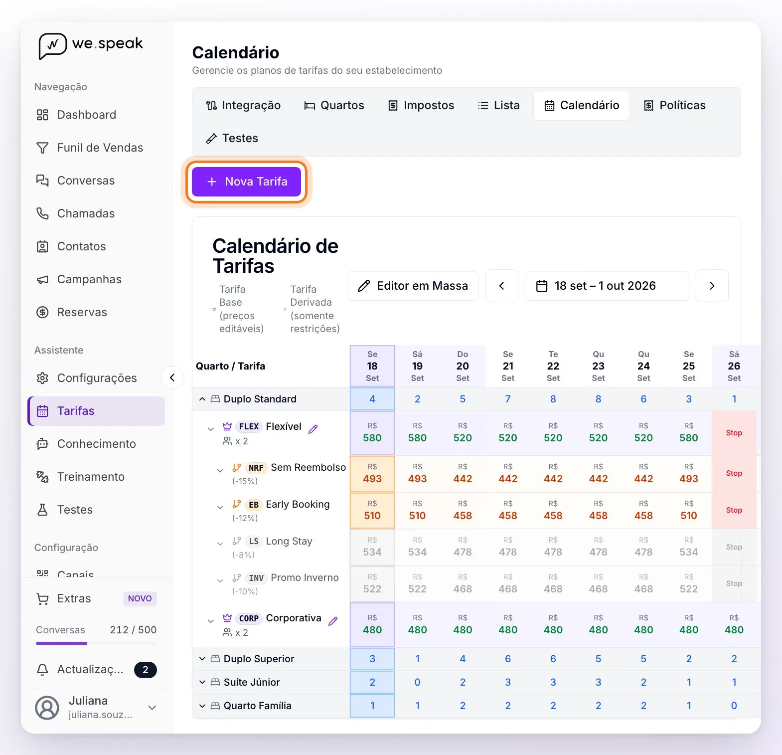 A seção Tarifas na visualização Calendário: o seletor de visualizações, o botão Nova Tarifa destacado e o quarto Duplo Standard aberto com sua disponibilidade, a tarifa base Flexível em roxo, suas derivadas em laranja, um Stop Sell no sábado 26 e a tarifa Corporativa