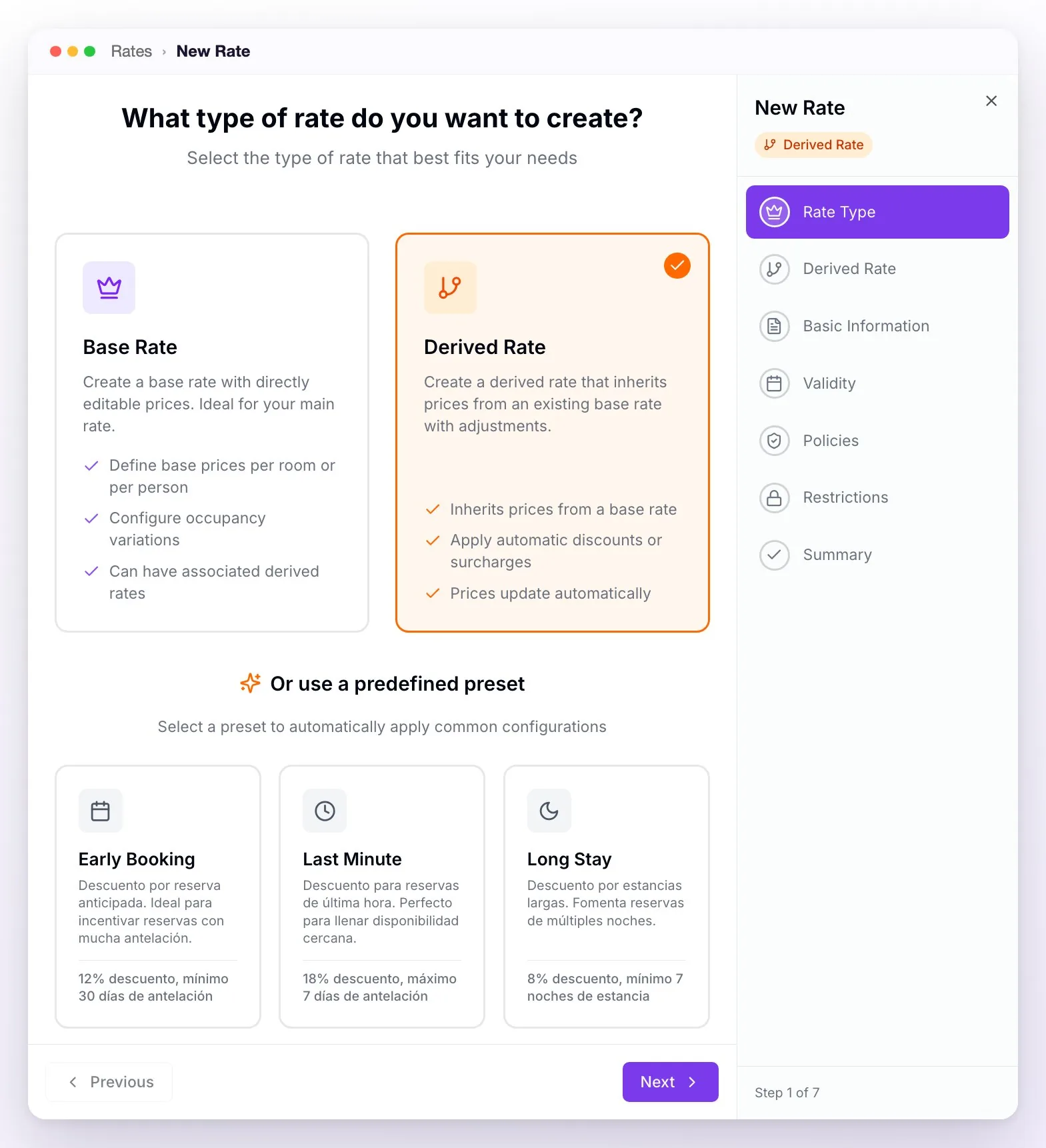 The Rate Type step of the wizard with Derived Rate selected and the three presets Early Booking, Last Minute and Long Stay, next to the list of the seven steps