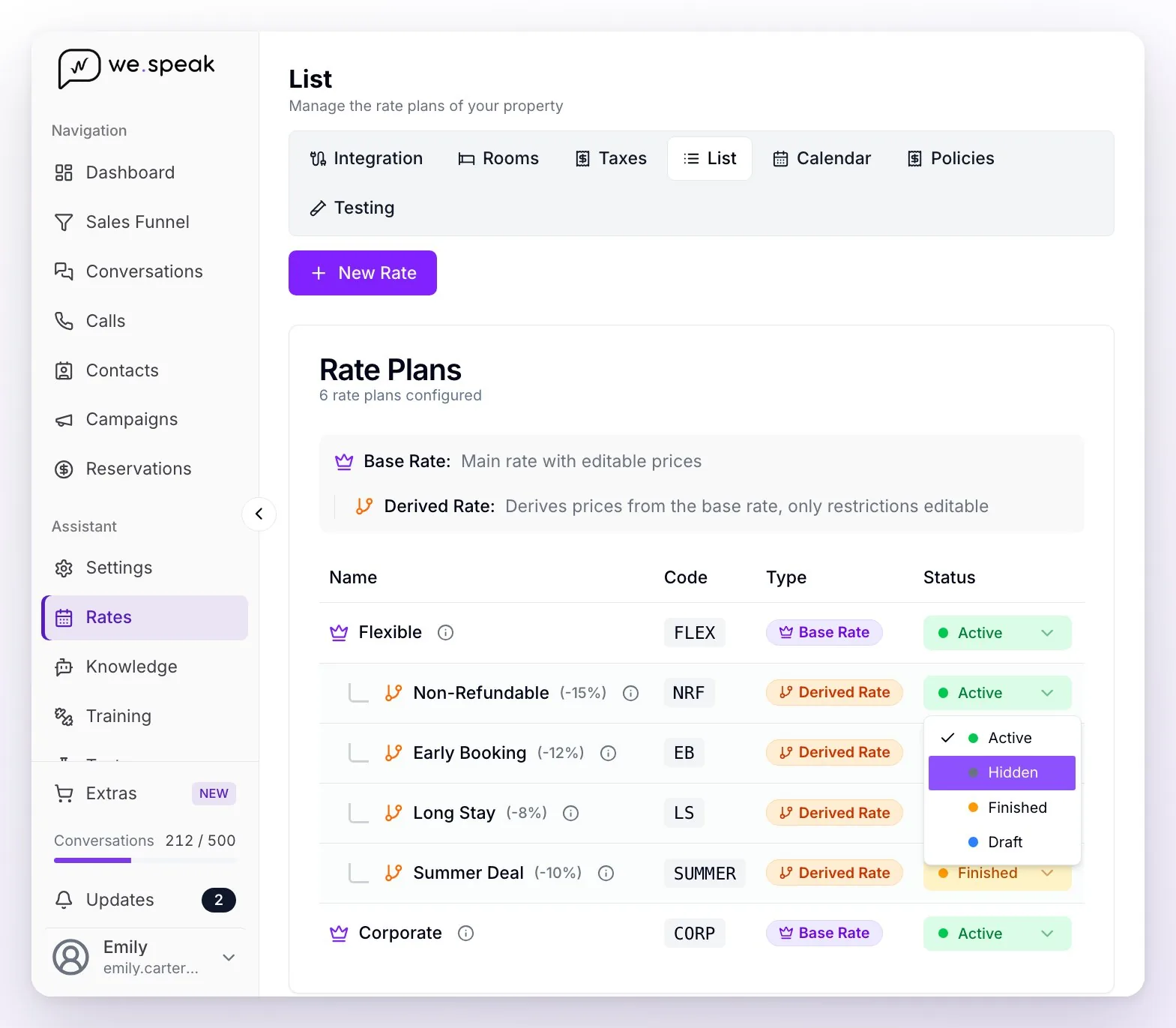 The List view with the hotel's six rates, Flexible with its four derived rates below it and the Corporate rate, and the status selector open on Non-Refundable with the options Active, Hidden, Finished and Draft