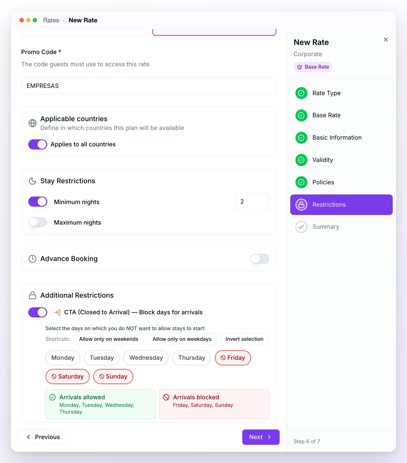 The Restrictions step of the wizard for the Corporate rate: promo code EMPRESAS, applies to all countries, a minimum of 2 nights, no advance booking restriction, and the CTA with Friday-to-Sunday arrivals blocked