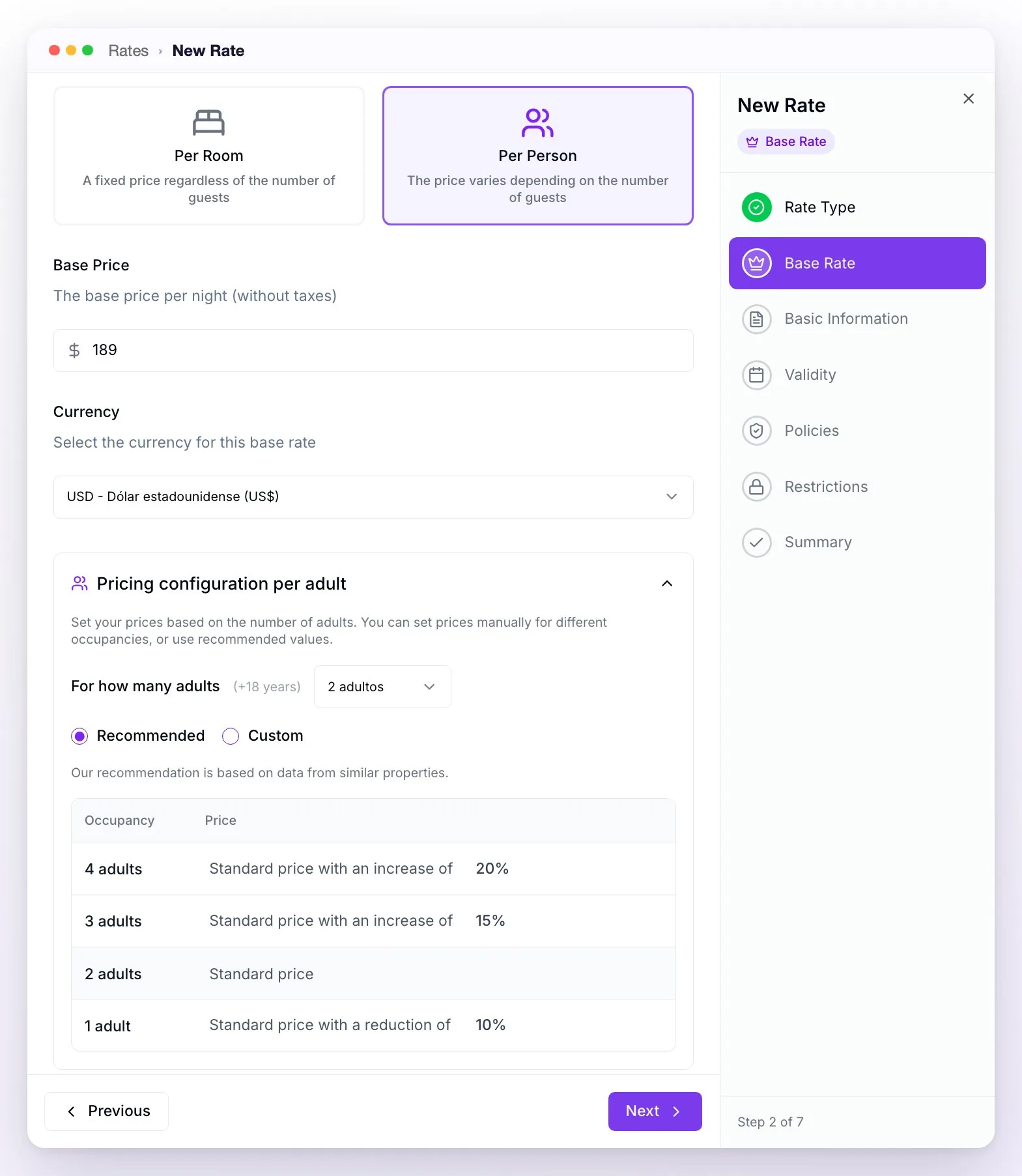 The Base Rate step of the wizard with Per Person selected: a base price of 189, USD currency, and the pricing configuration per adult for 2 adults in Recommended mode, with a 20% increase for 4 adults, 15% for 3, and a 10% decrease for 1