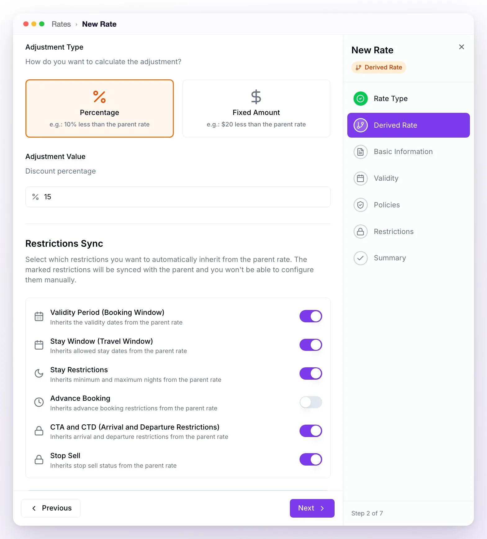 The Derived Rate step of the wizard: a 15 percentage adjustment and the Restrictions Sync with everything inherited from the base except Advance Booking, Stop Sell included