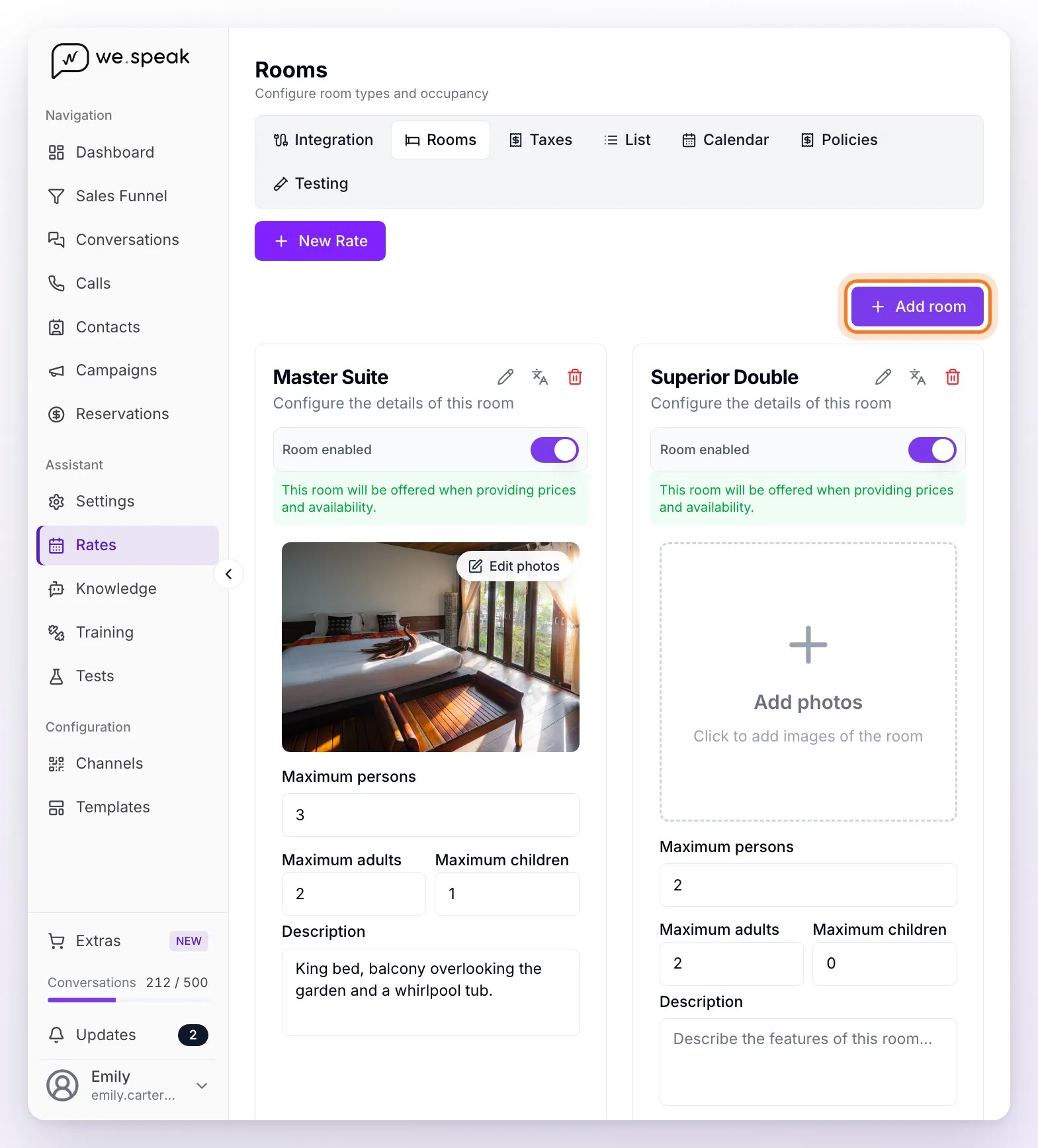 The Rooms view in Rates with the Add room button and the cards of two rooms, with their photo, their enabled status and their maximum capacities of persons, adults and children