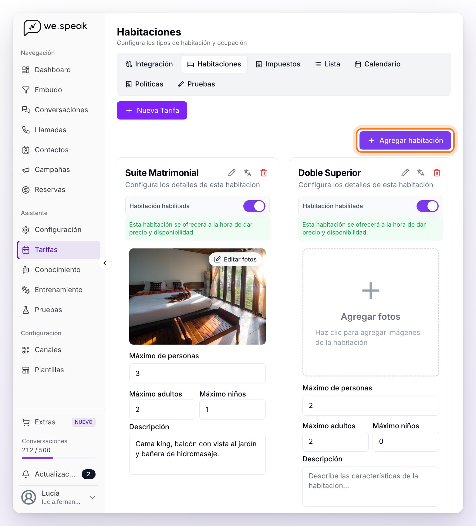 La vista Habitaciones de Tarifas con el botón Agregar habitación y las tarjetas de dos habitaciones, con su foto, su estado habilitado y sus capacidades máximas de personas, adultos y niños