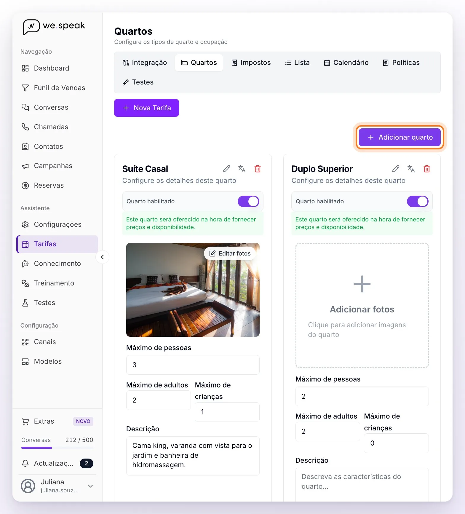 A visão Quartos de Tarifas com o botão Adicionar quarto e os cards de dois quartos, com foto, status habilitado e as capacidades máximas de pessoas, adultos e crianças