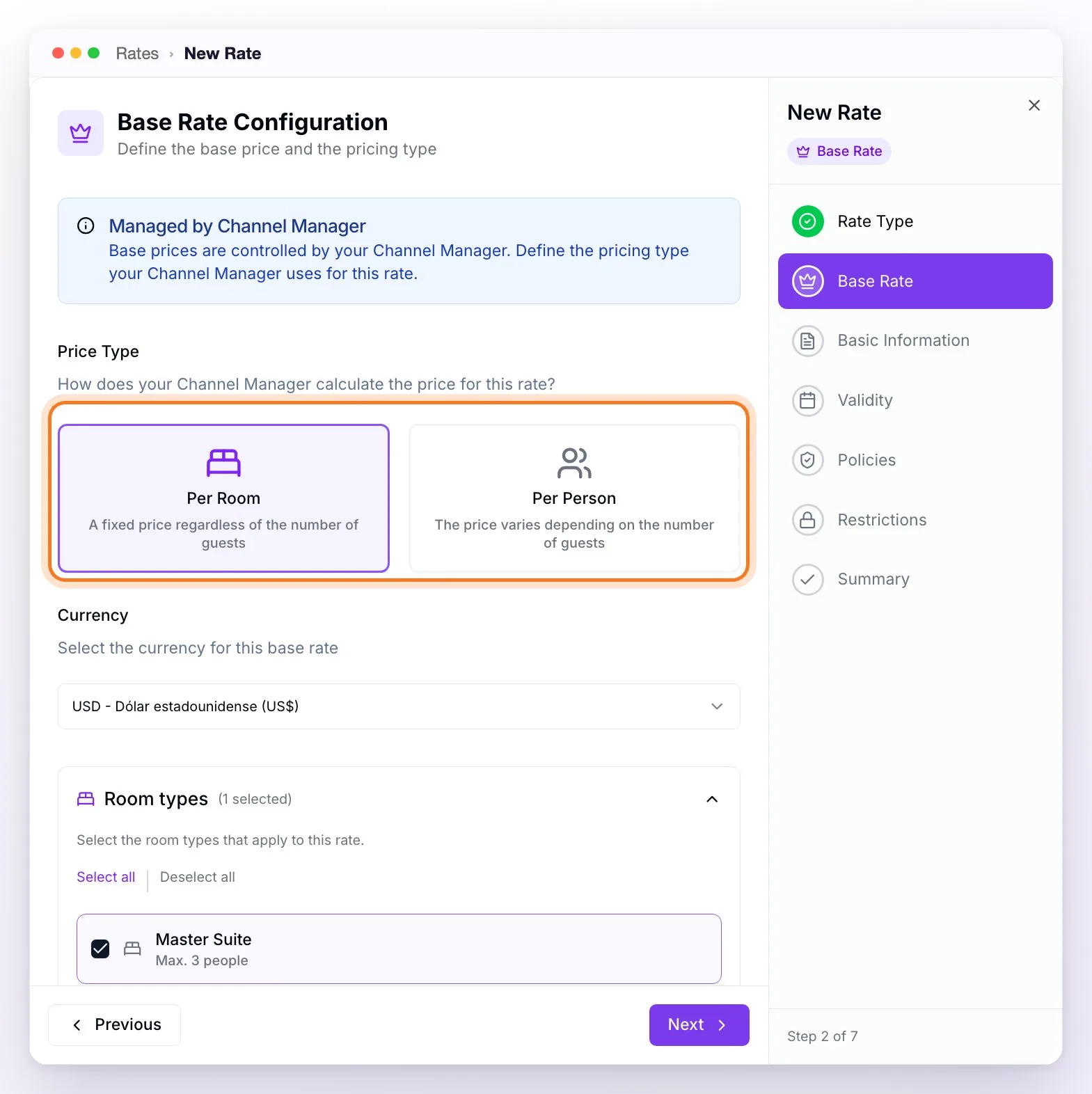 The Base Rate step of the New Rate wizard for a property with a Channel Manager: the Managed by Channel Manager notice, the Price Type with Per Room and Per Person, the currency and the room types