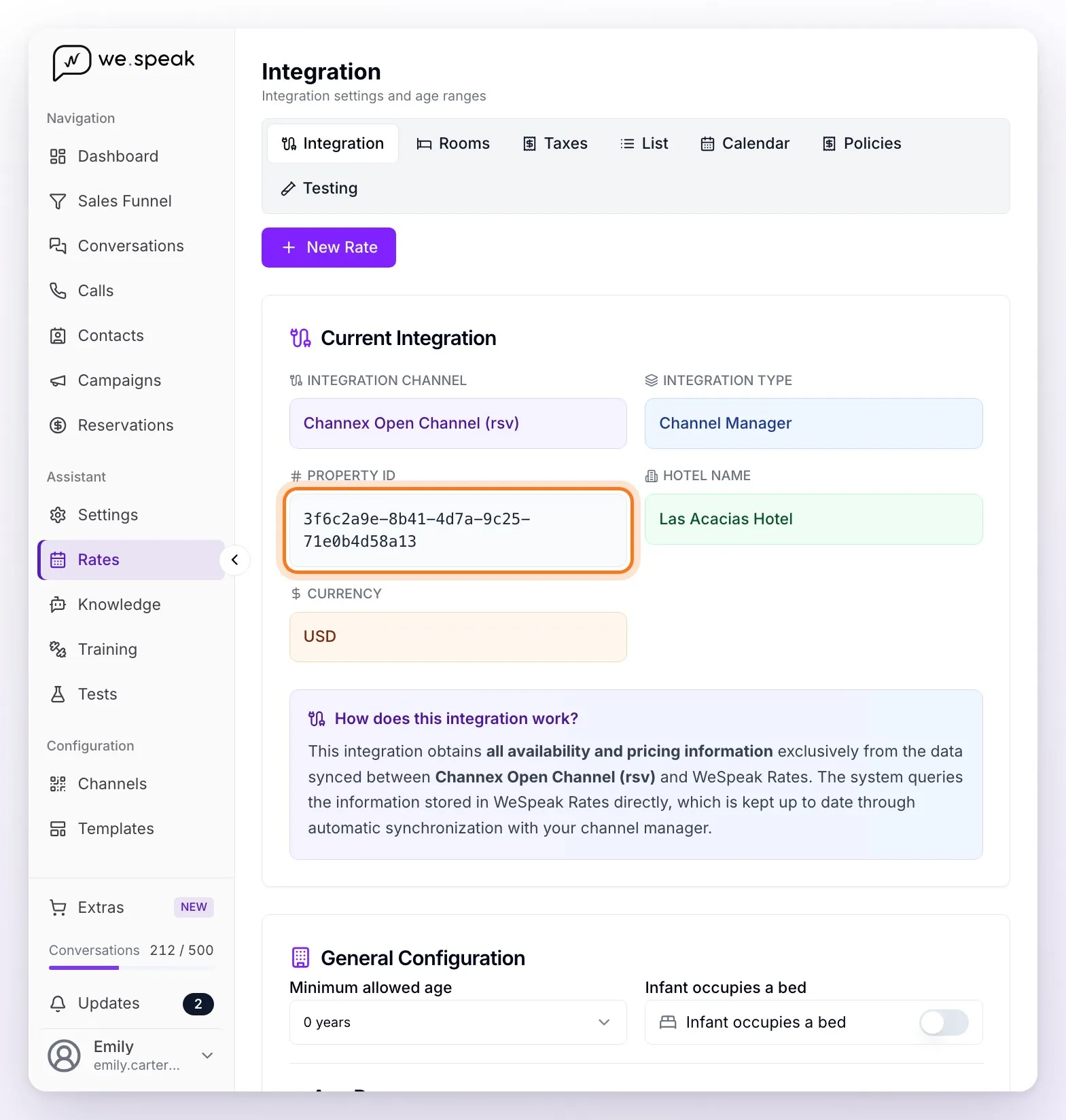 The Integration view in Rates for a property connected to Channex: Channel Manager Integration Type, the Property ID highlighted and, below, the general age configuration