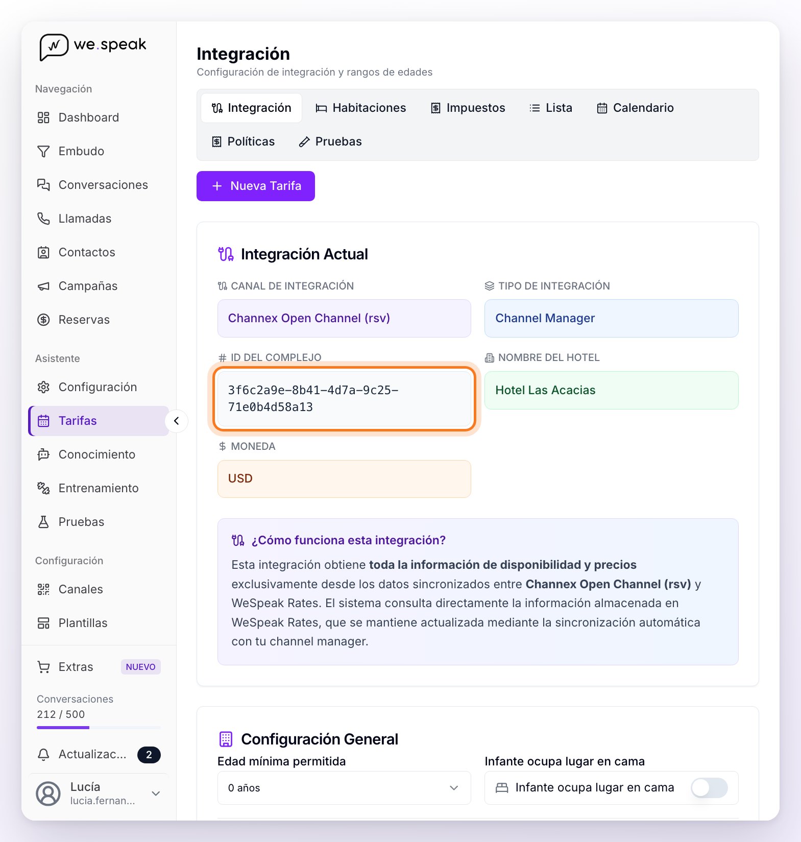 La vista Integración de Tarifas con una propiedad conectada a Channex: Tipo de Integración Channel Manager, el ID del complejo señalado y, debajo, la configuración general de edades