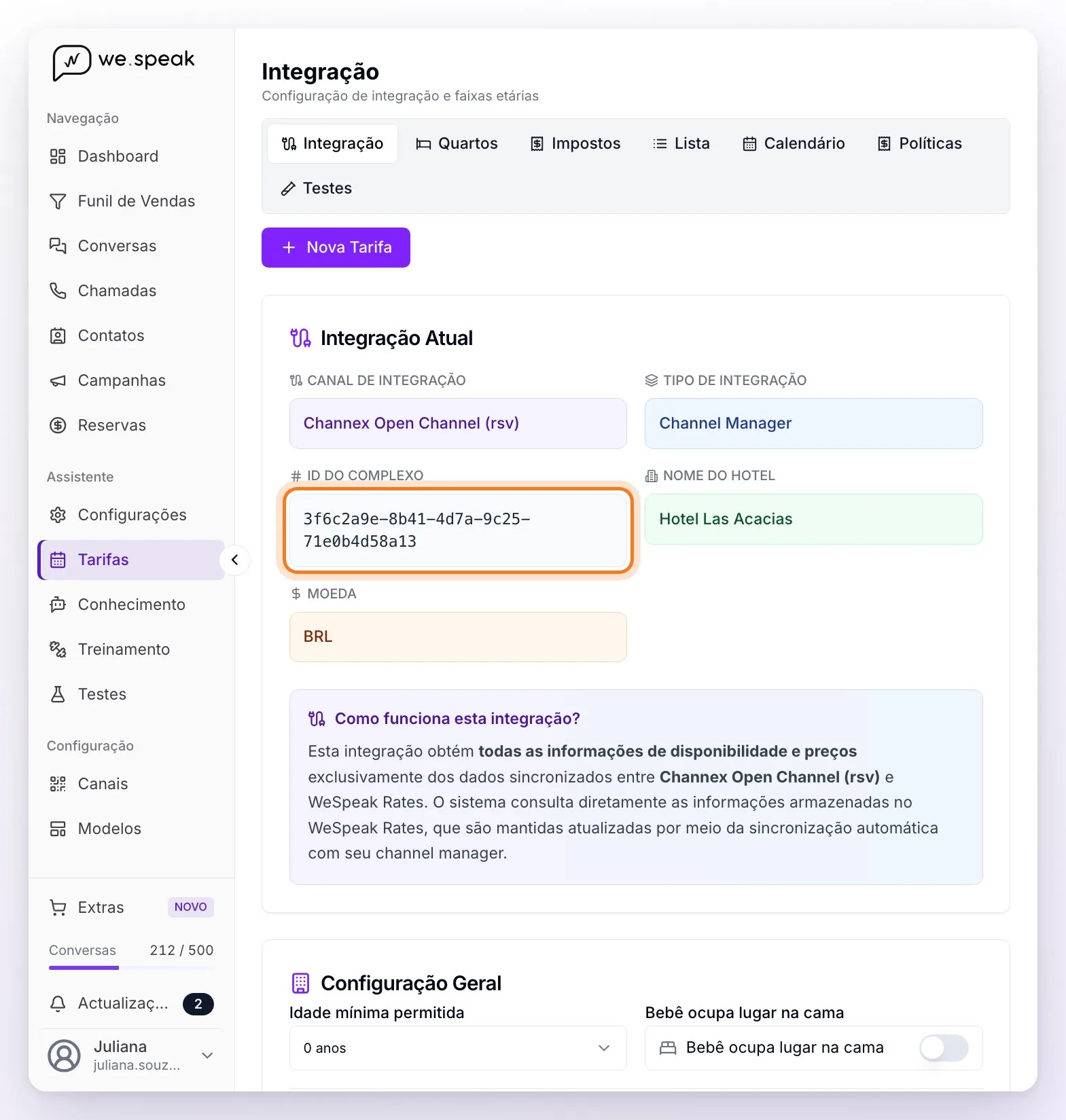 A visão Integração de Tarifas com uma propriedade conectada ao Channex: Tipo de Integração Channel Manager, o ID do complexo em destaque e, abaixo, a configuração geral de idades