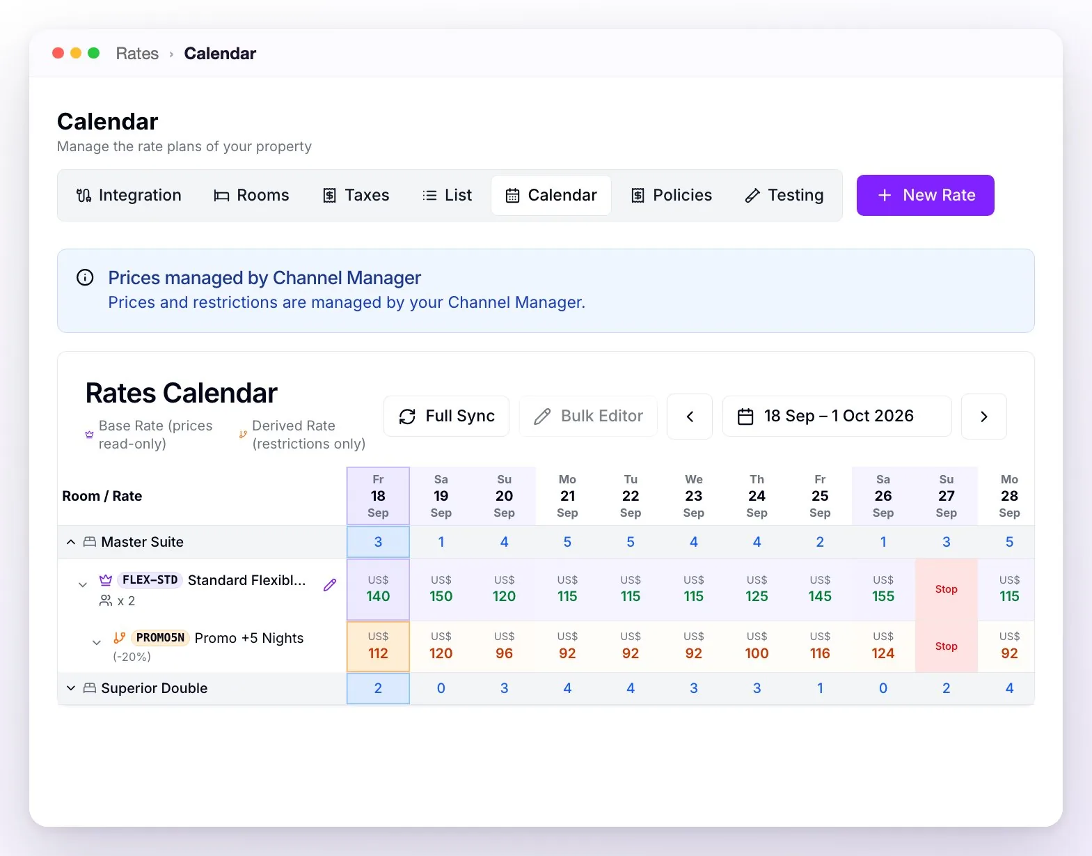 The Rate Calendar of a property with a Channel Manager: the Prices managed by Channel Manager notice, the Full Sync button and the disabled Bulk Editor, the daily availability and the prices of the base rate and its derived rate, with one day on Stop