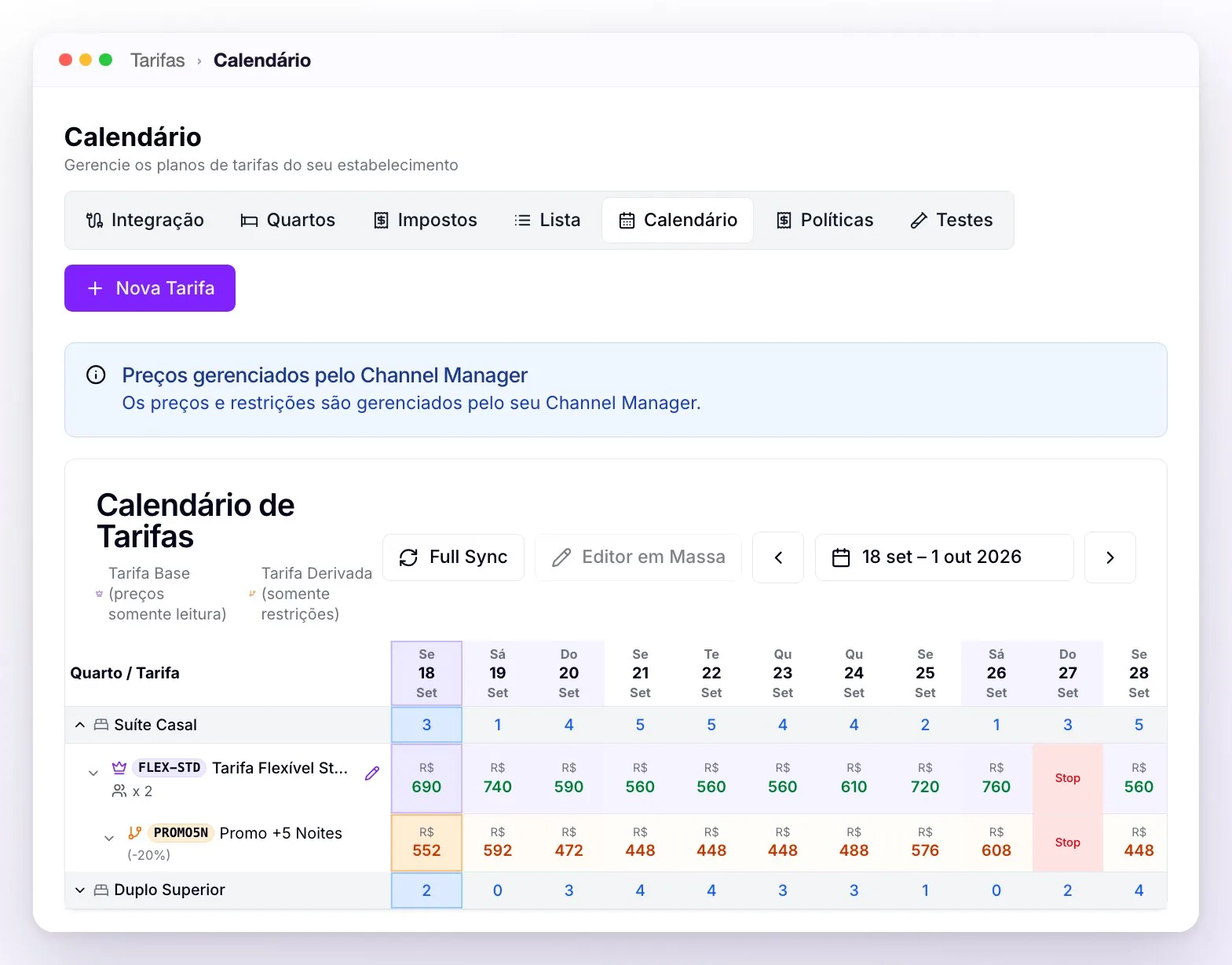 O Calendário de Tarifas de uma propriedade com Channel Manager: o aviso Preços gerenciados pelo Channel Manager, os botões Full Sync e Editor em Massa desabilitado, a disponibilidade por dia e os preços da tarifa base e da derivada, com um dia em Stop