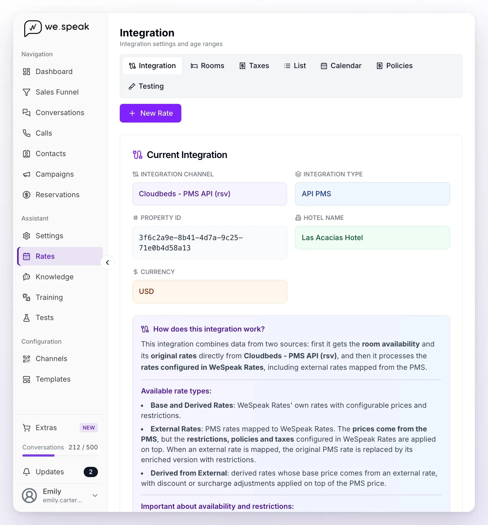 The Integration view in Rates for a property connected to Cloudbeds: Integration Channel, API PMS Integration Type, Property ID, hotel name, currency and the explanation of how the integration works