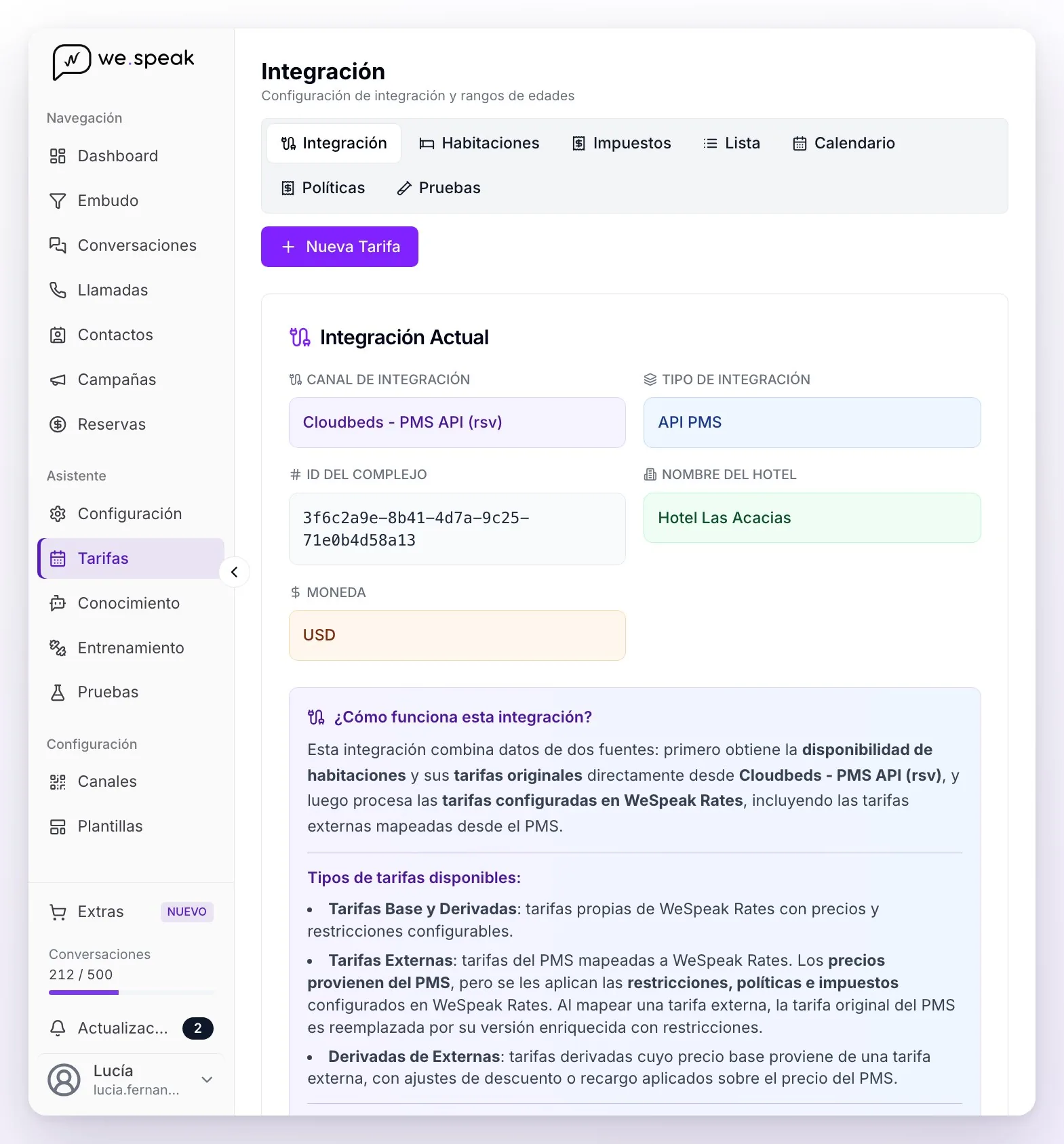 La vista Integración de Tarifas con una propiedad conectada a Cloudbeds: Canal de Integración, Tipo de Integración API PMS, ID del complejo, nombre del hotel, moneda y la explicación de cómo funciona la integración
