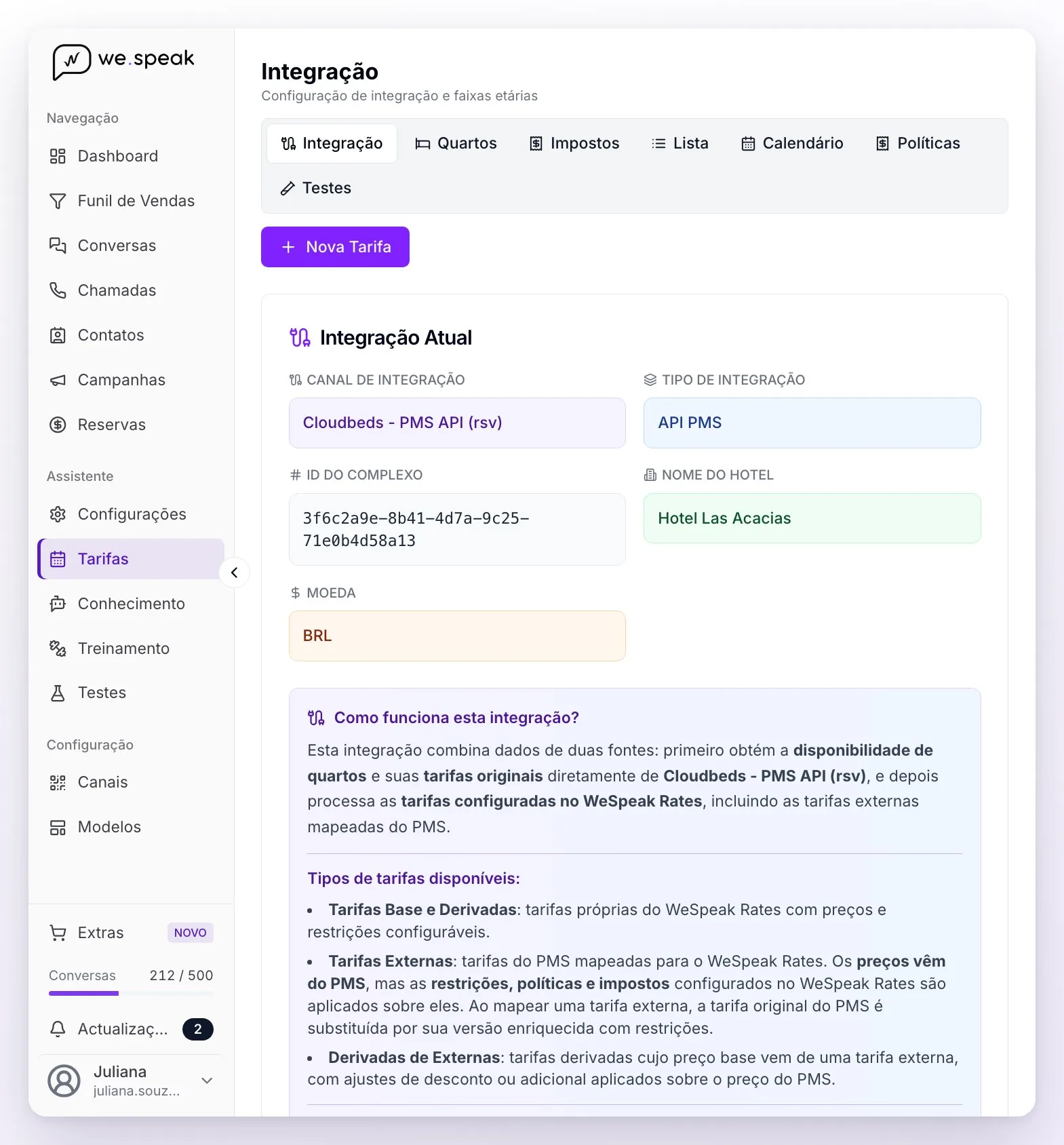 A visão Integração de Tarifas com uma propriedade conectada ao Cloudbeds: Canal de Integração, Tipo de Integração API PMS, ID do complexo, nome do hotel, moeda e a explicação de como funciona a integração