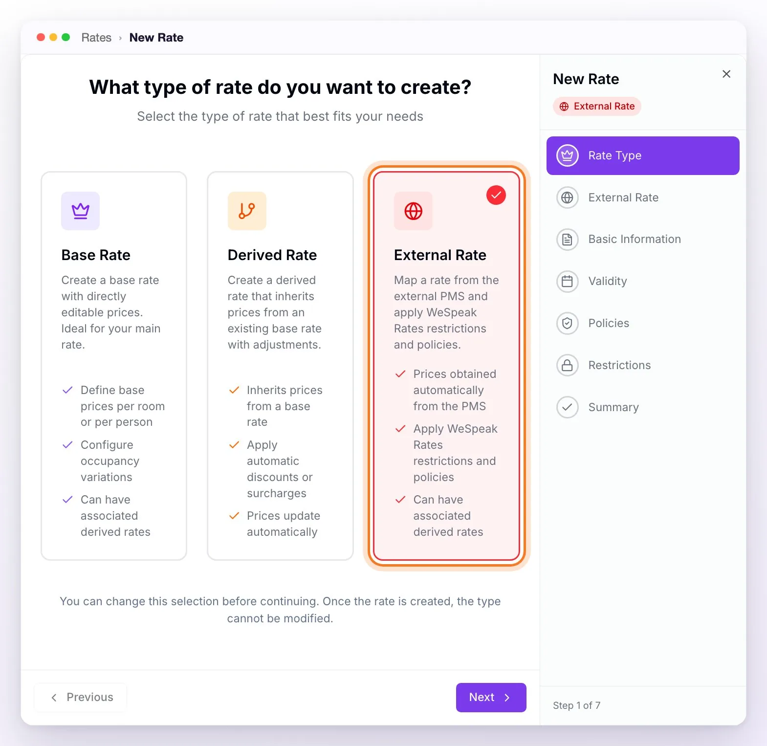 The first step of the New Rate wizard, What type of rate do you want to create?, with the Base Rate, Derived Rate and External Rate cards, the last one selected
