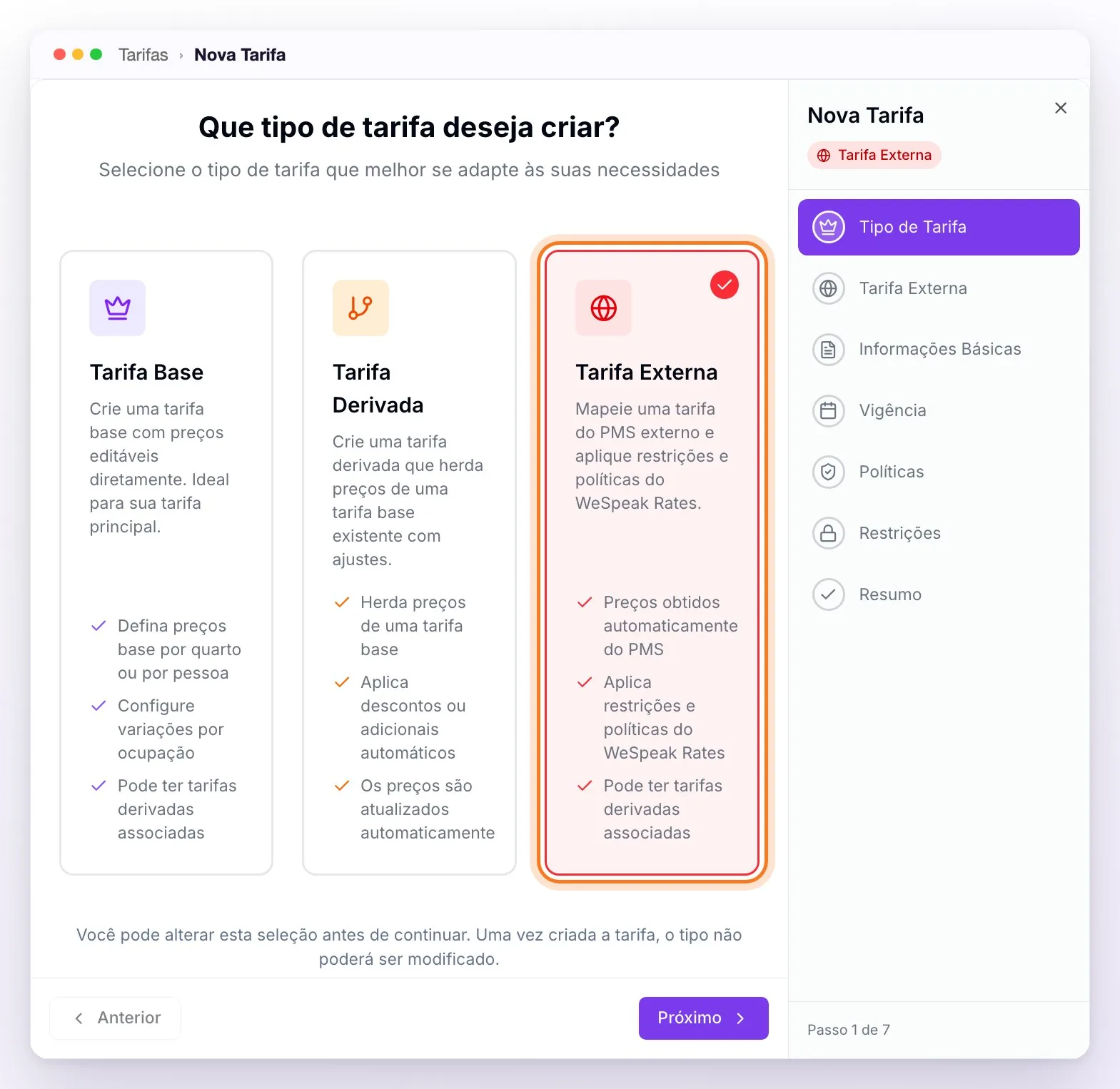 O primeiro passo do assistente Nova Tarifa, Que tipo de tarifa deseja criar?, com os cards Tarifa Base, Tarifa Derivada e Tarifa Externa, esta última selecionada