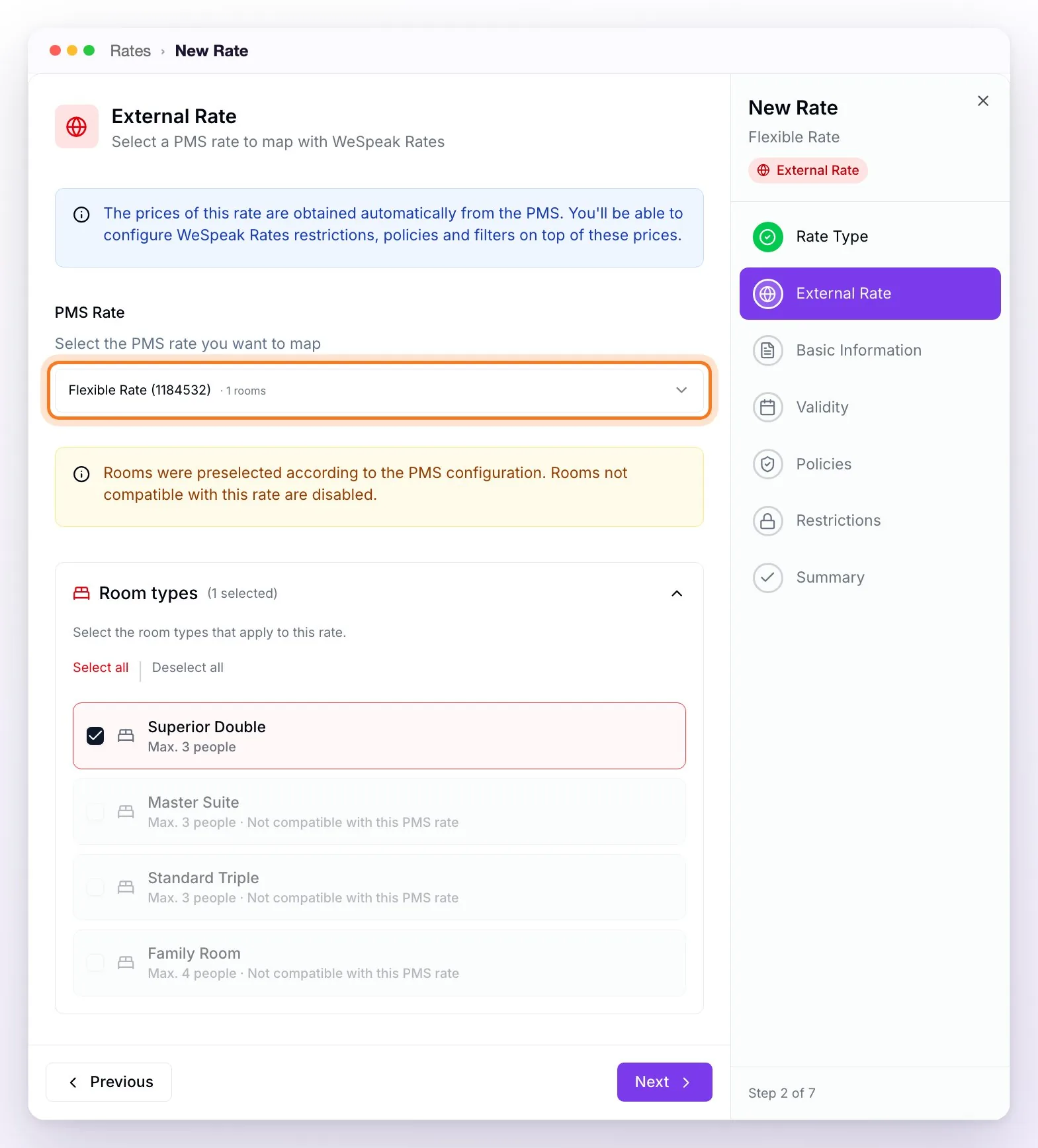 The External Rate step with the PMS Flexible Rate chosen, the preselected-rooms notice and the room type list: Superior Double checked and the rest disabled because they aren't compatible