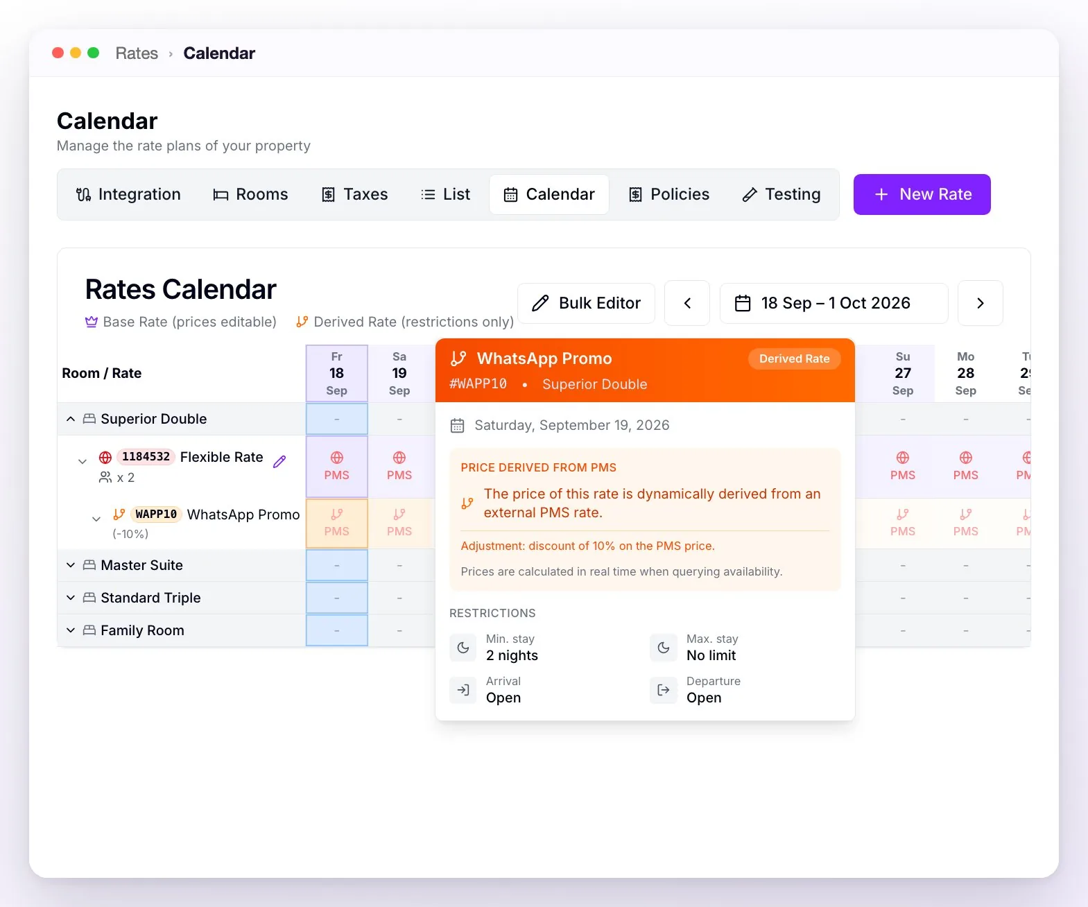 The Rate Calendar with the external Flexible Rate and its derived WhatsApp Promo showing PMS on every day, and the detail of one day: Price derived from PMS with a 10% discount on the PMS price