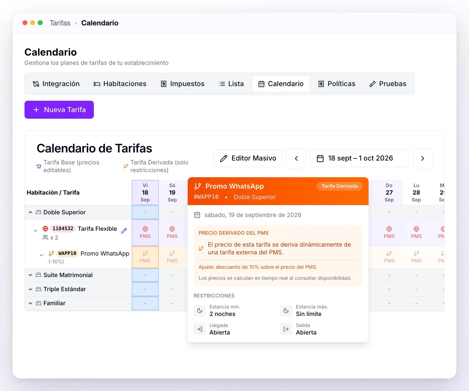 El Calendario de Tarifas con la Tarifa Flexible externa y su derivada Promo WhatsApp mostrando PMS en cada día, y el detalle de un día: Precio derivado del PMS con un descuento del 10 % sobre el precio del PMS