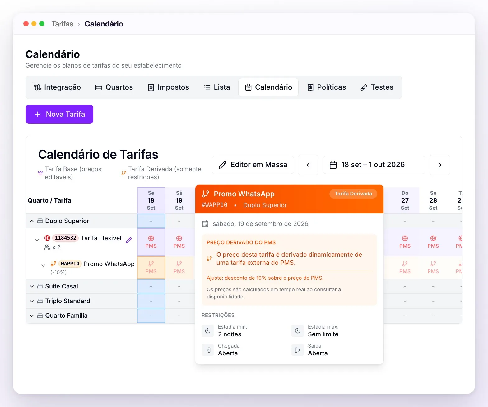 O Calendário de Tarifas com a Tarifa Flexível externa e a derivada Promo WhatsApp mostrando PMS em cada dia, e o detalhe de um dia: Preço derivado do PMS com desconto de 10% sobre o preço do PMS