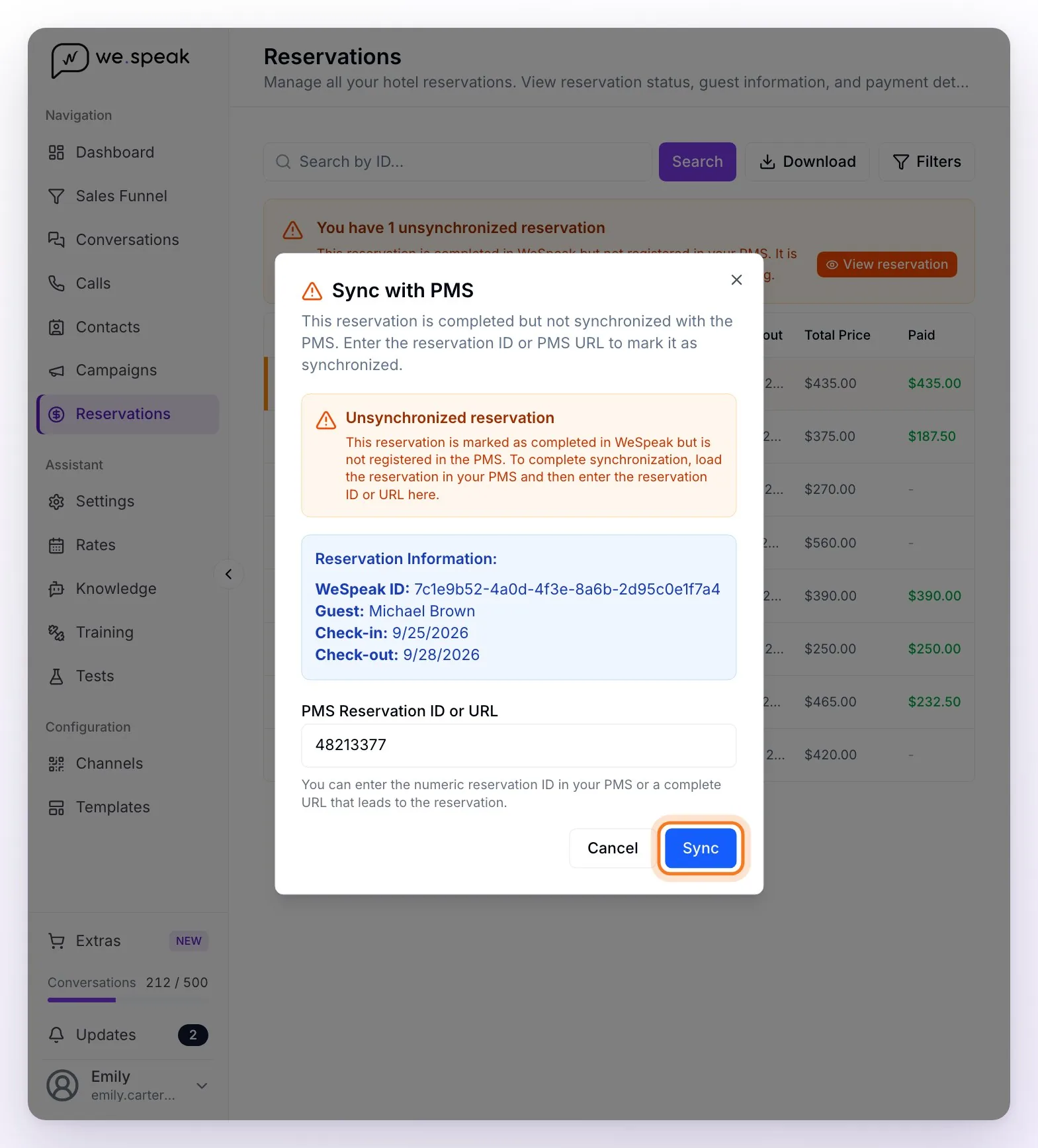 The Reservations section with the notice You have 1 unsynchronized reservation and, on top, the Sync with PMS dialog with the booking details, the PMS reservation number typed in and the Sync button
