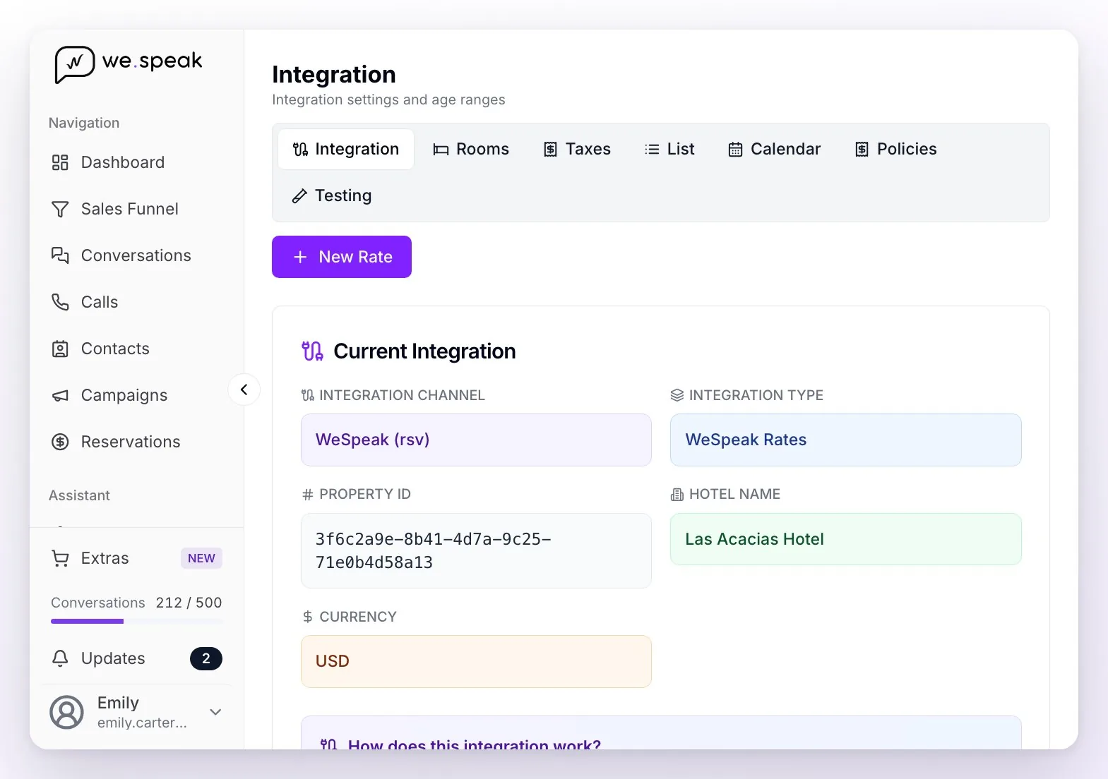 The Integration view in Rates: the channel shows as WeSpeak (rsv) and the integration type as WeSpeak Rates, with the complex ID, the hotel name and the currency