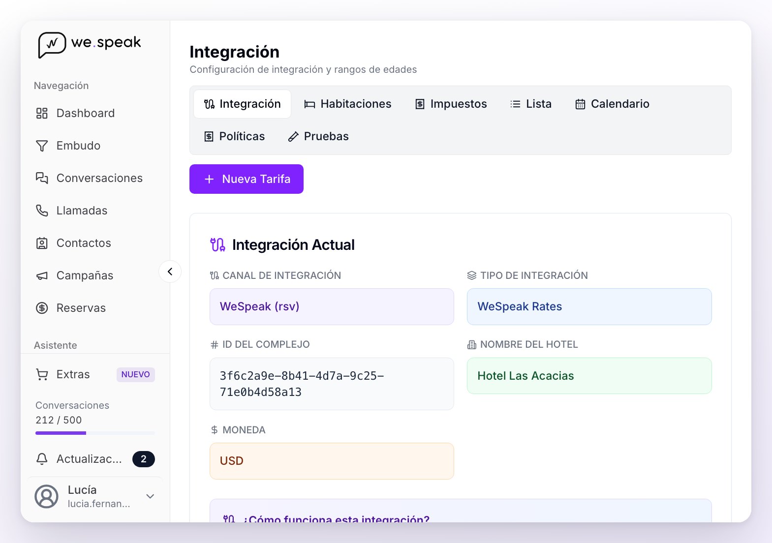 La vista Integración de Tarifas: el canal figura como WeSpeak (rsv) y el tipo de integración como WeSpeak Rates, con el ID del complejo, el nombre del hotel y la moneda