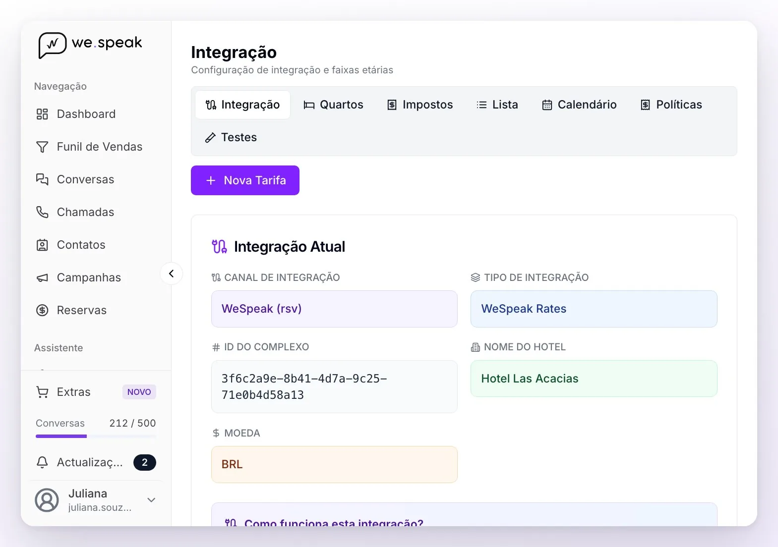 A vista Integração das Tarifas: o canal aparece como WeSpeak (rsv) e o tipo de integração como WeSpeak Rates, com o ID do complexo, o nome do hotel e a moeda