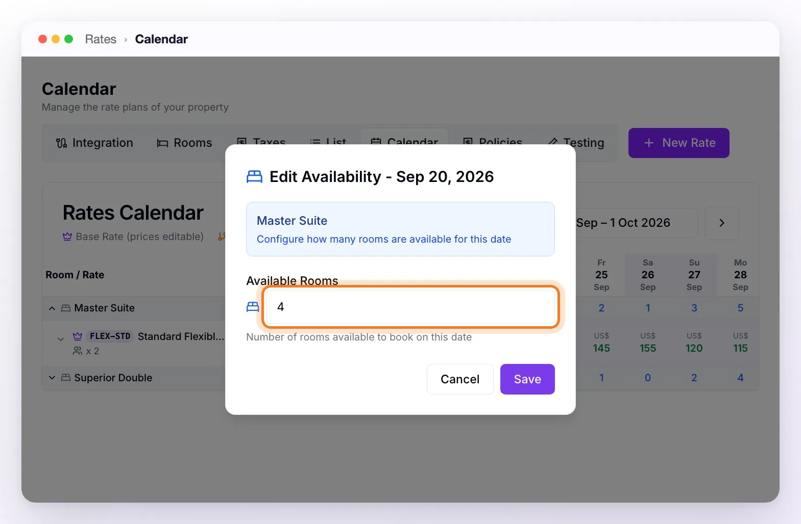 The Rates Calendar with the Edit Availability dialog open over a day: the room, the Available Rooms field and the Cancel and Save buttons