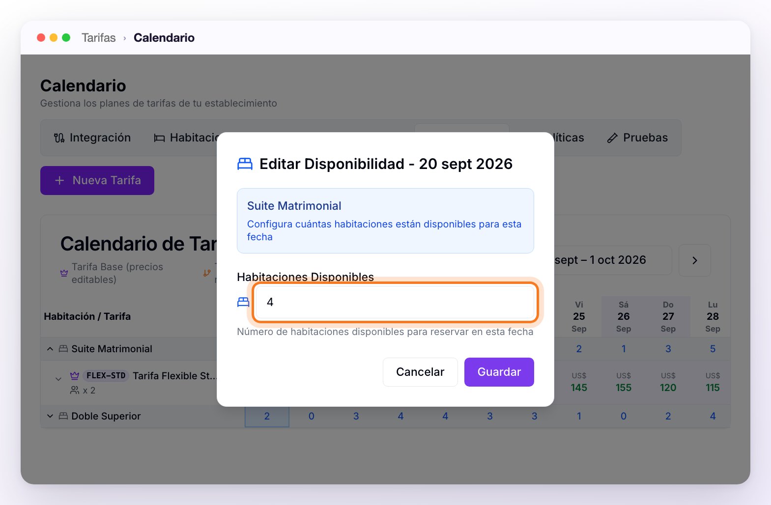 El Calendario de Tarifas con el diálogo Editar Disponibilidad abierto sobre un día: la habitación, el campo Habitaciones Disponibles y los botones Cancelar y Guardar