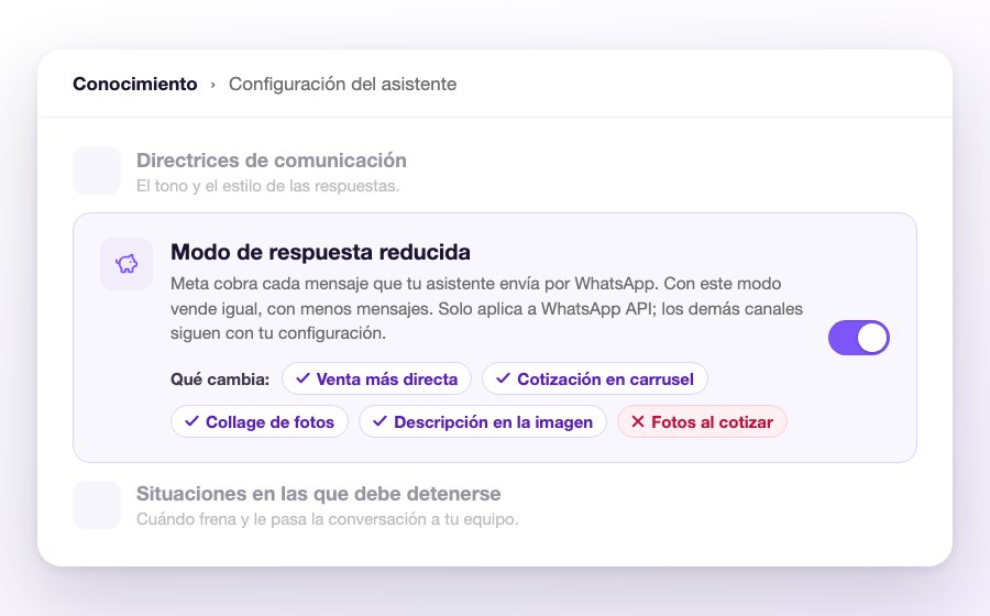 La tarjeta del Modo de respuesta reducida en Conocimiento, con su descripción, las cinco etiquetas de lo que cambia y el interruptor encendido