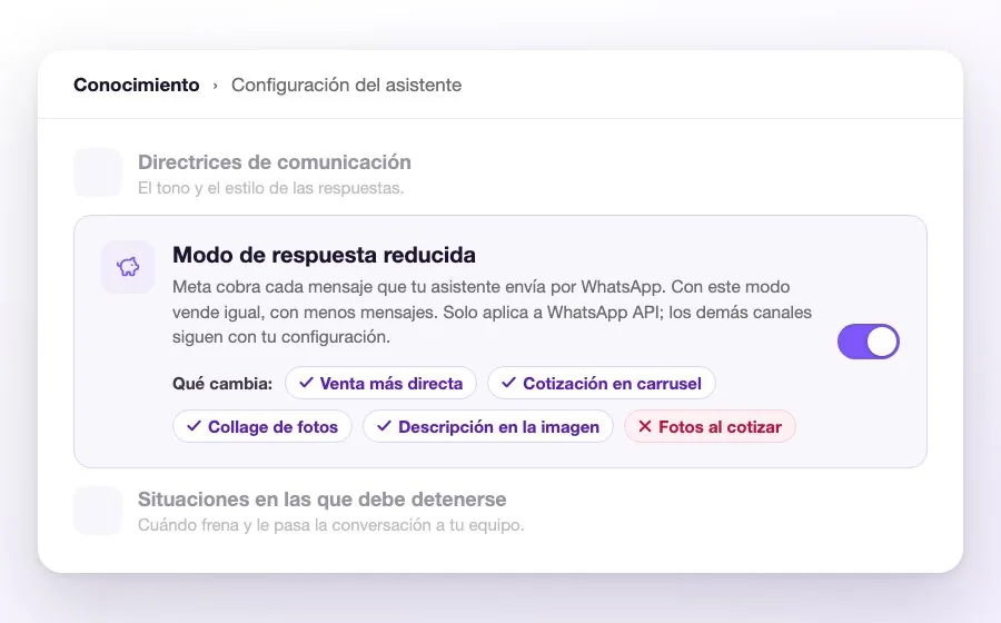 La tarjeta del Modo de respuesta reducida en Conocimiento, con su descripción, las cinco etiquetas de lo que cambia y el interruptor encendido