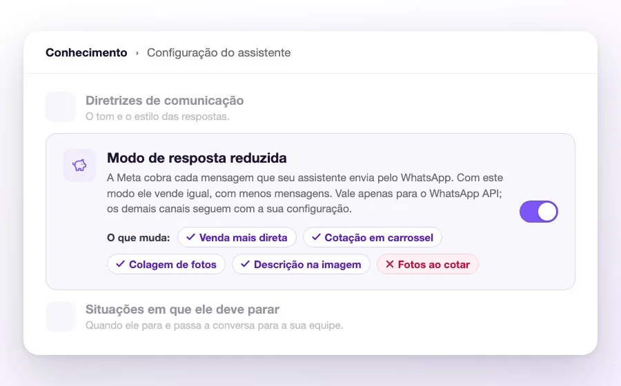 O cartão do Modo de resposta reduzida no Conhecimento, com a sua descrição, as cinco etiquetas do que muda e o interruptor ligado