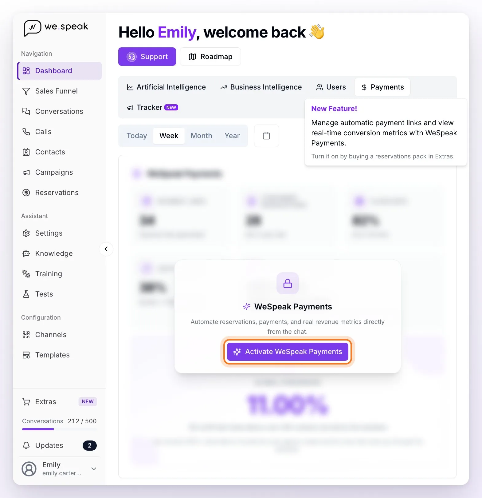 The Payments section without WeSpeak Payments: the blurred example data, the tab notice saying it turns on by buying a reservations pack in Extras, and the Activate WeSpeak Payments button highlighted
